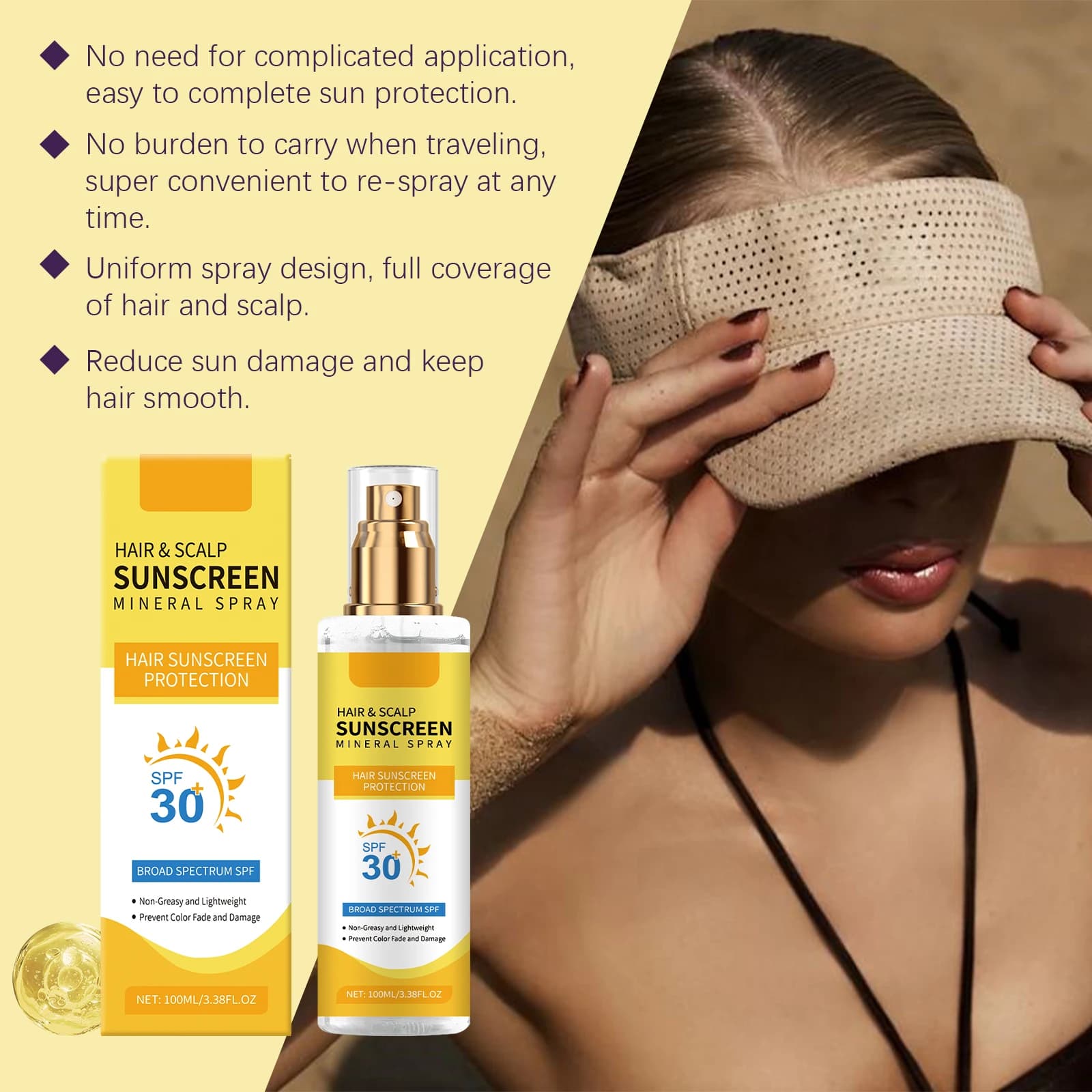 Spray de protection solaire pour cuir chevelu, racine de gingembre, SPF30, réduit les dommages causés par la lumière du soleil, améliore l'alimentation sèche, contrôle de l'huile, Spray de soin Anti-U