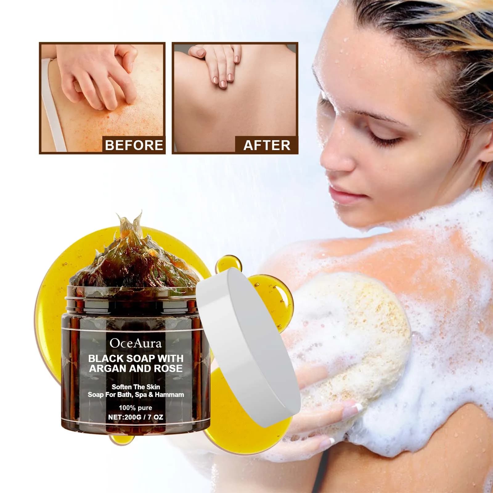 Savon noir OCEAURA à l'argan et à la rose, savon noir Beldi, idéal pour éliminer les peaux mortes, gommage corporel, purification, nettoyage en profondeur, 200g
