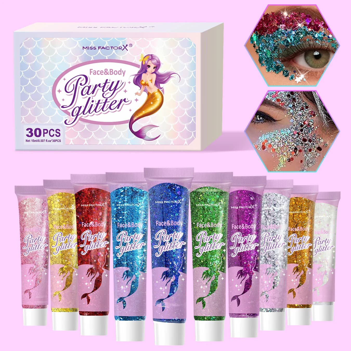 30 pièces/boîte Gel pailleté pour le corps du visage, adapté aux femmes, cheveux grossiers brillants, adapté aux accessoires de carnaval de festival de concert