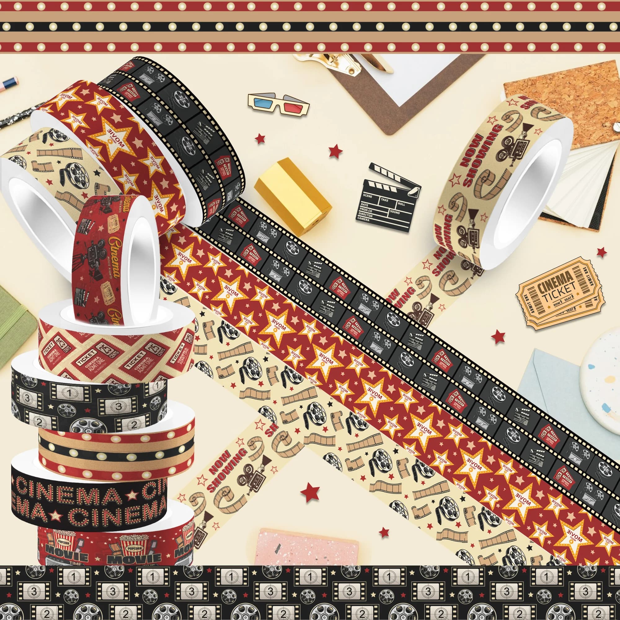 12 Rolls Cinema Film Themed Washi Tape Set, Adhesive Tape, Masking Tape DIY Craft Handbook Materials Scrapbooking Decor Supplies