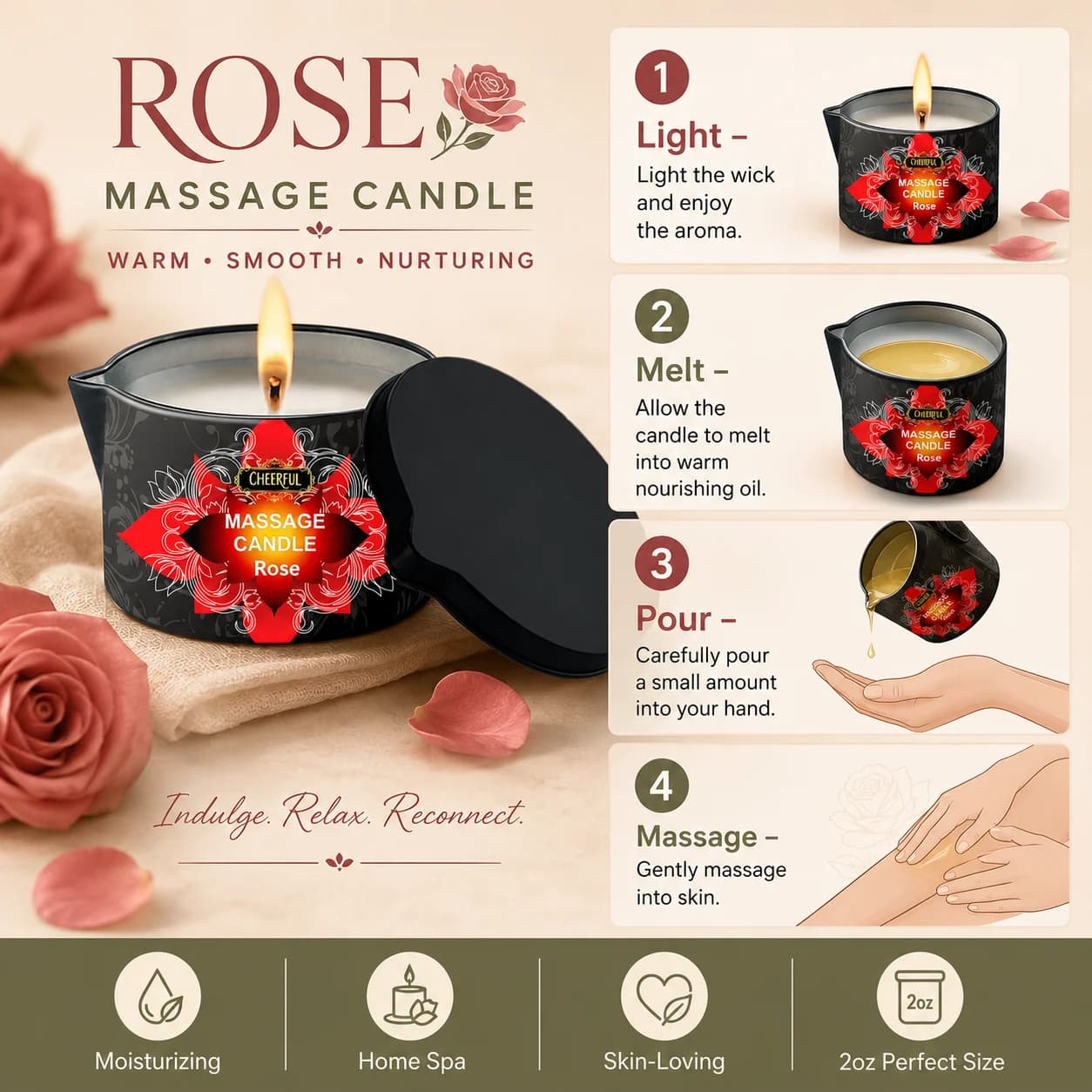 Bougie de massage à l'huile de rose 2oz, bougie de massage corporel qui fond en huile chaude pour le corps, hydratante, aromathérapie, cadeau spa à domicile pour elle, coffret en métal