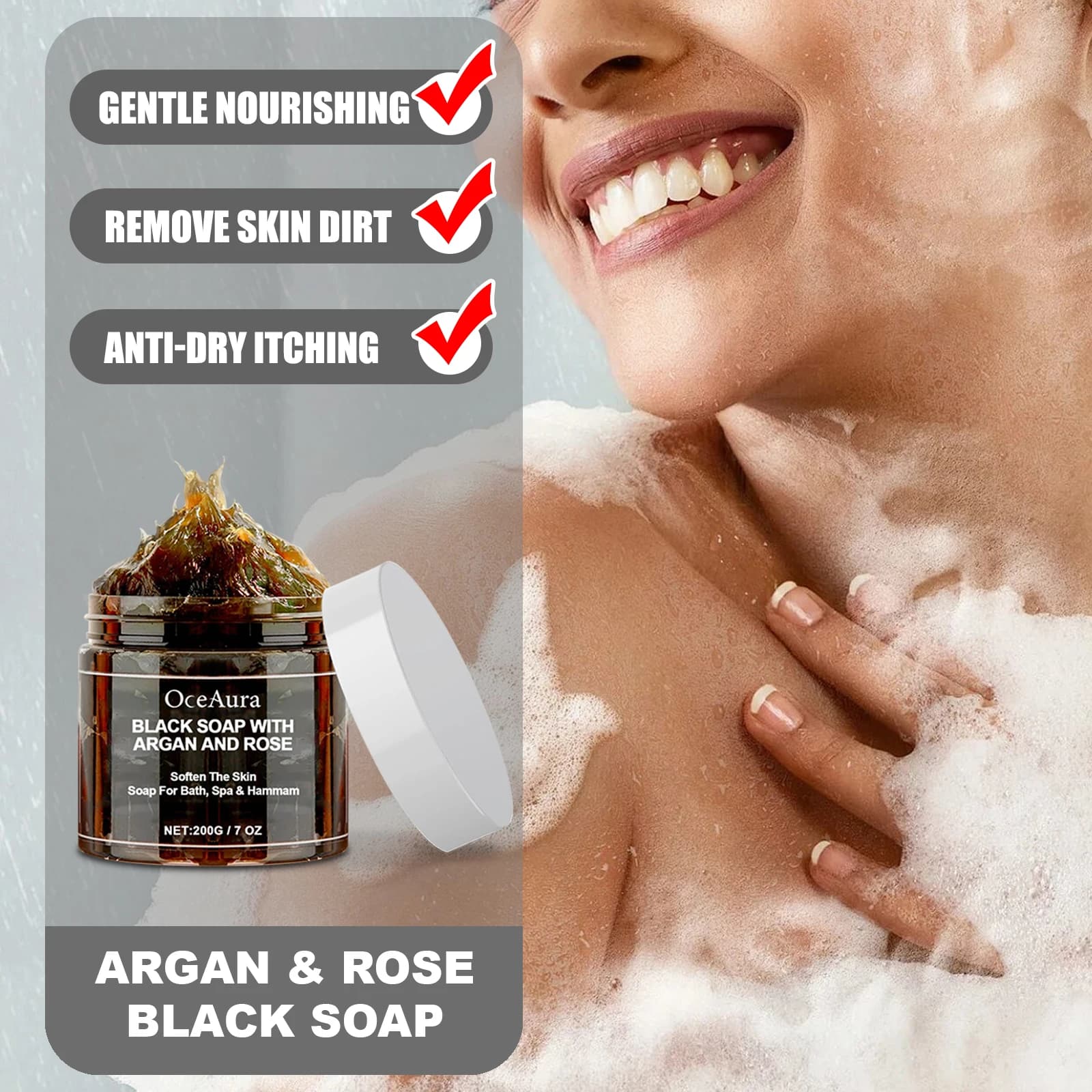OCEAURA 200g Argan Rose bain savon noir doux nourrissant peau enlever la Surface de la peau saleté hydratation profonde serrure Anti-démangeaisons sèches