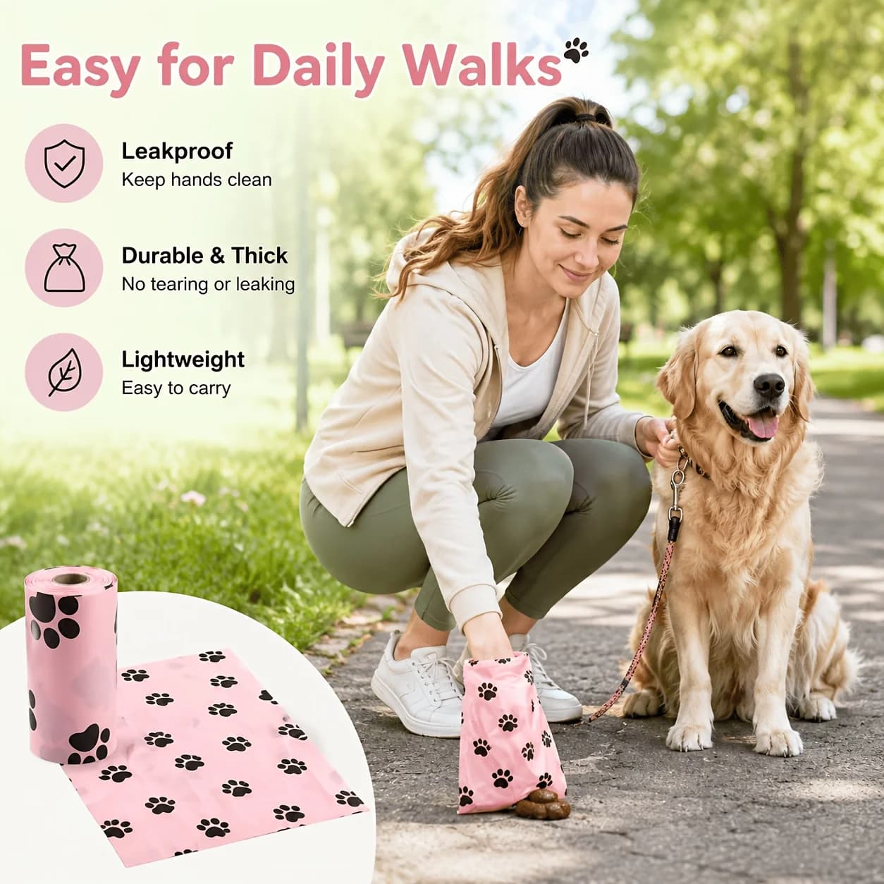 pink20rolls Biodégradable, avec motif de patte - polyéthylène épais pour un nettoyage facile, une durabilité et une haute qualité, adapté