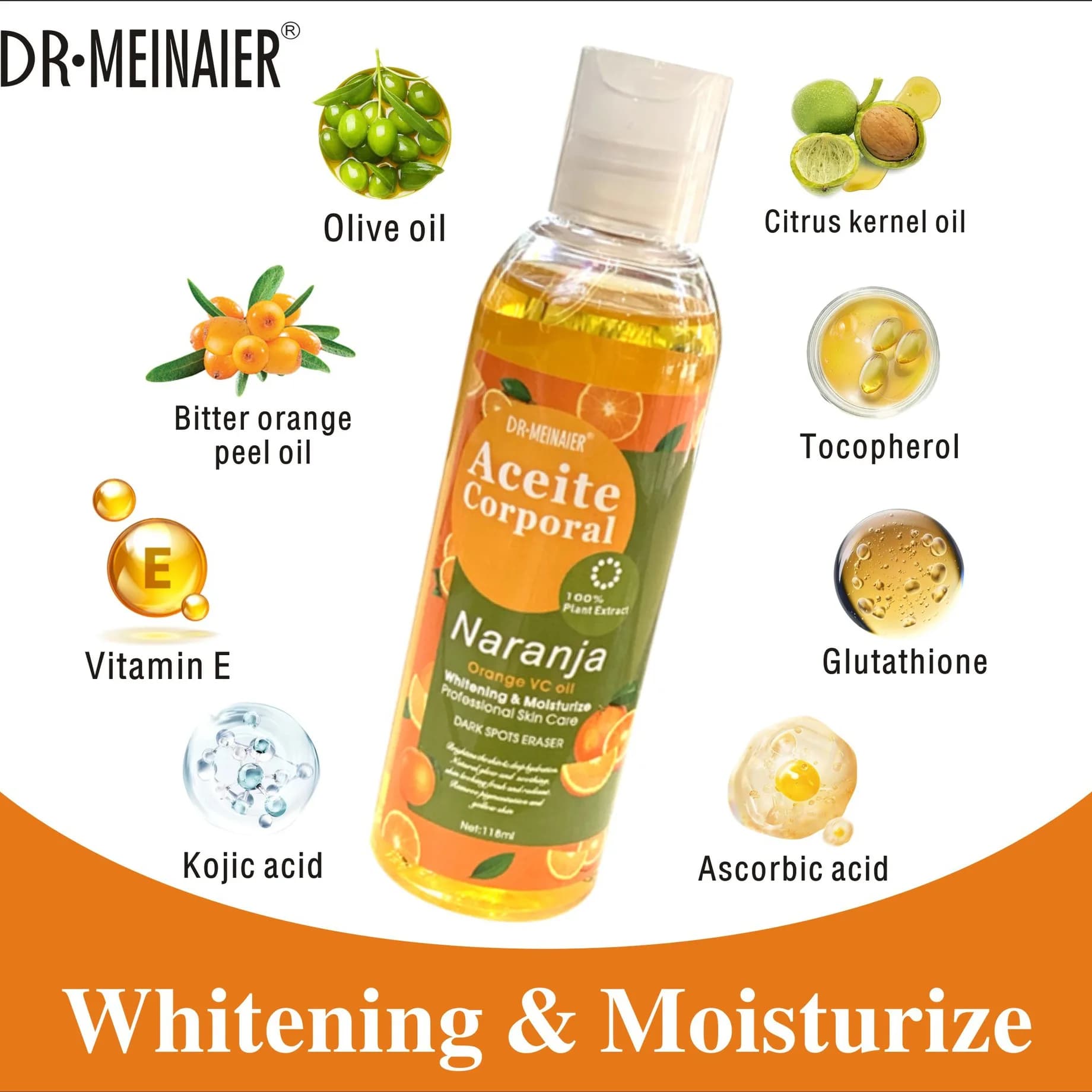 Huile de massage hydratante éclaircissante à l'orange VC 118 ml avec vitamine E