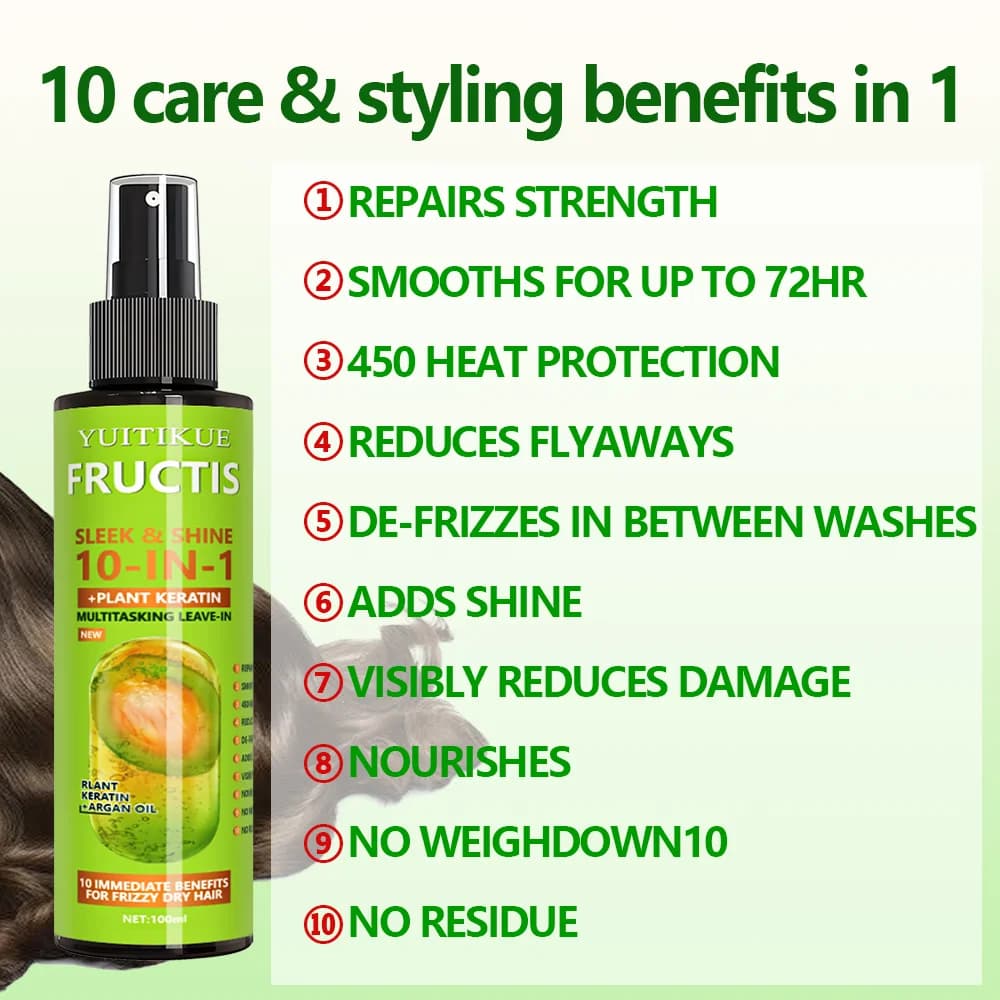 Spray sans rinçage à l'huile d'argan et à la kératine végétale, traitement capillaire multi-bénéfices pour des cheveux lisses et brillants