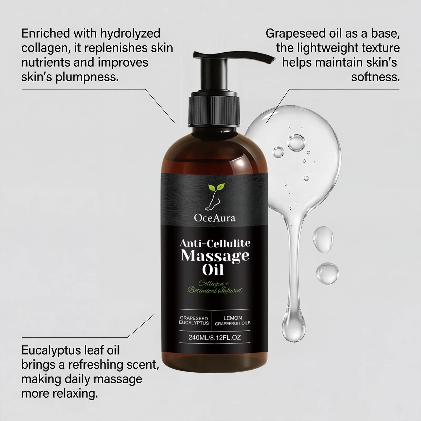 Huile de massage anti-cellulite au collagène pour l'abdomen et les cuisses