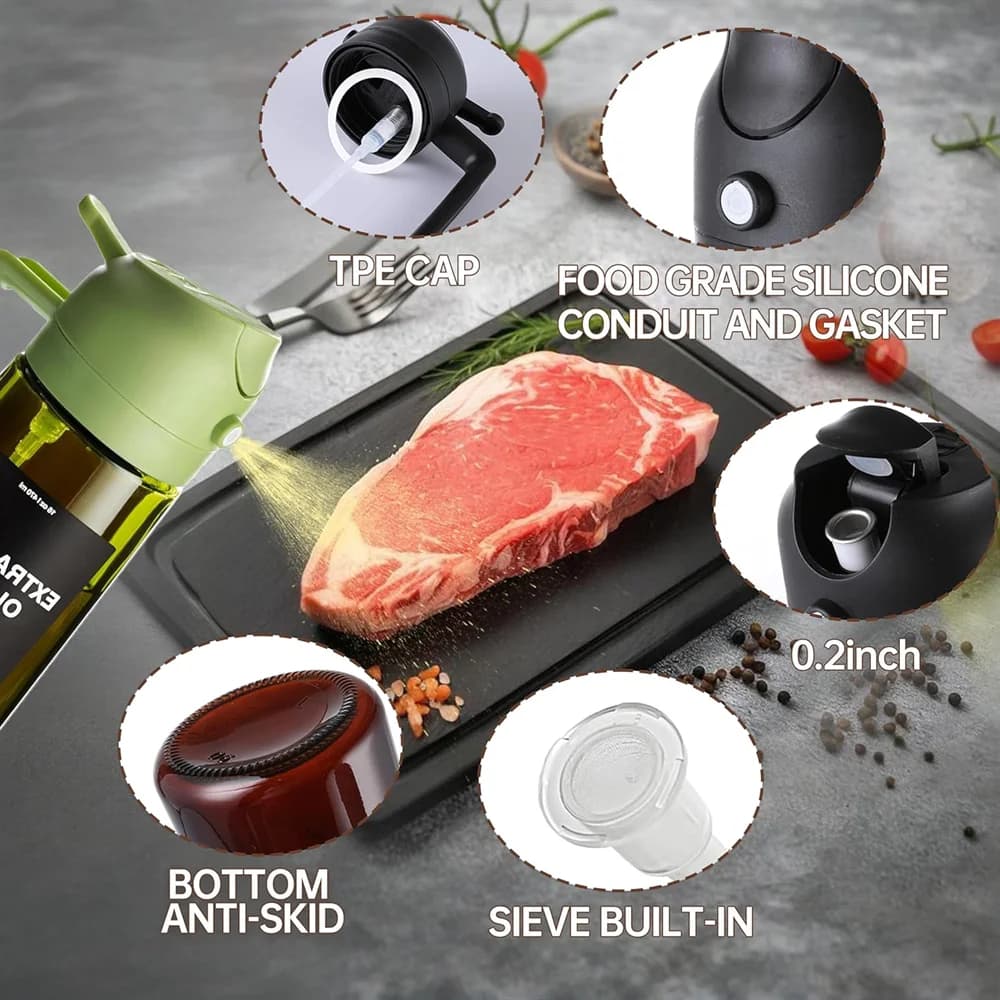 Pulvérisateur d'huile de 470 ml pour la cuisine, distributeur et vaporisateur d'huile d'olive 2-en-1, vaporisateur d'huile avec autocollants, flacon pulvérisateur en verre épais