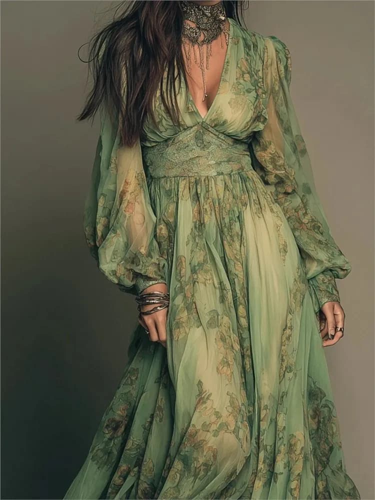 Nouvelle Robe Longue Fluide à Col en V et Manches Longues Imprimées pour Femme, Taille Cintrée, Jupe Longue Drapée, Élégante et Tendance pour le Printemps