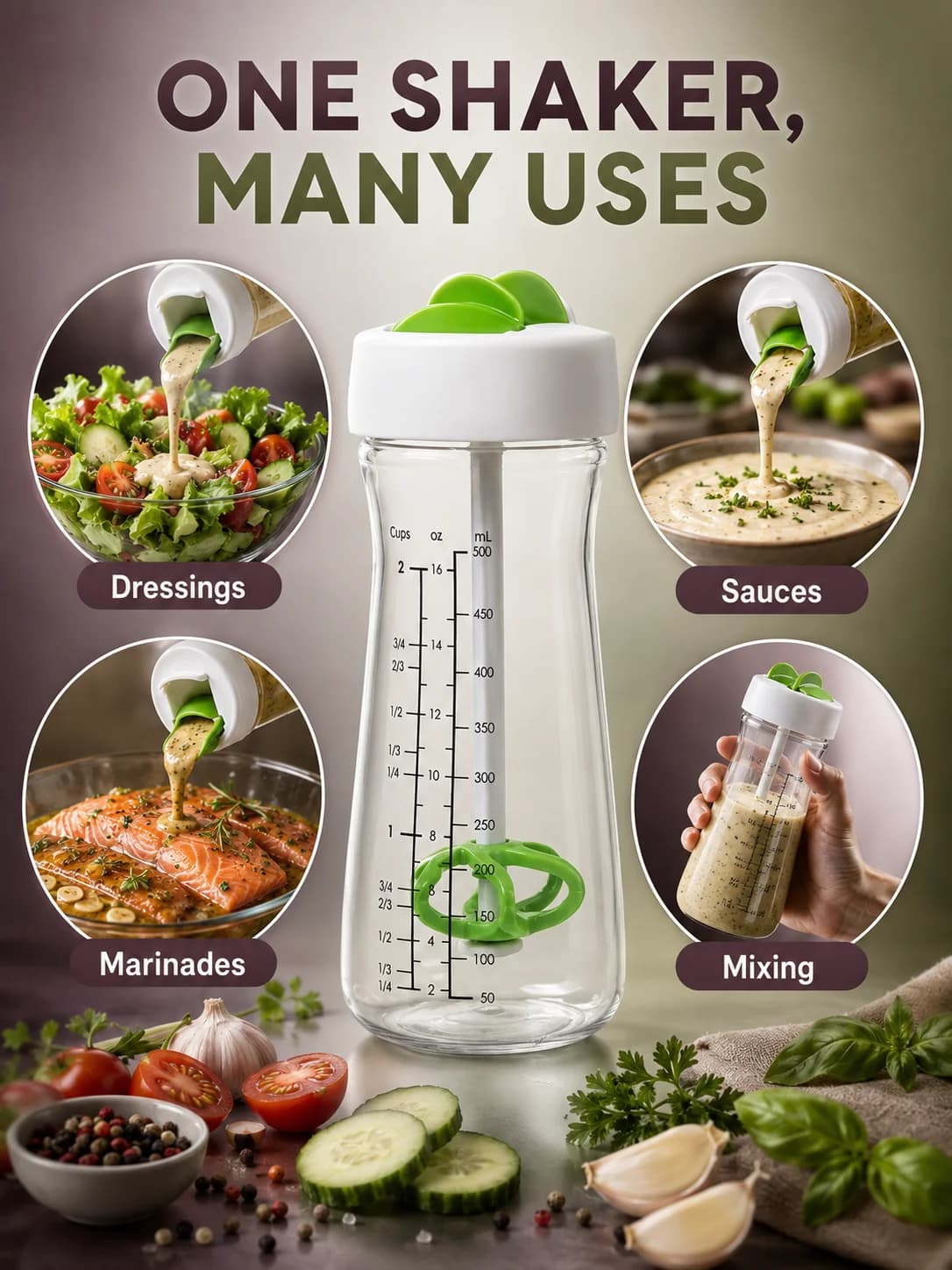 Bouteille shaker pour vinaigrette avec échelle graduée