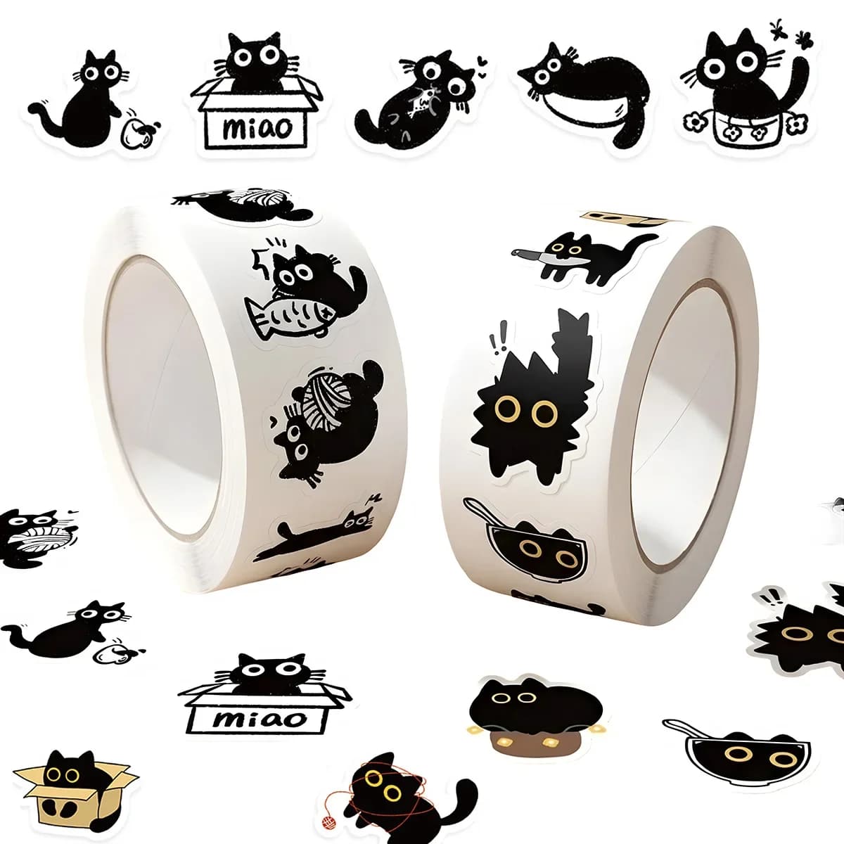 500 autocollants en rouleau motif chat de dessin animé mignon, décoratifs DIY pour guitare, téléphone, ordinateur portable, journal, scrapbooking, scellage d'enveloppes