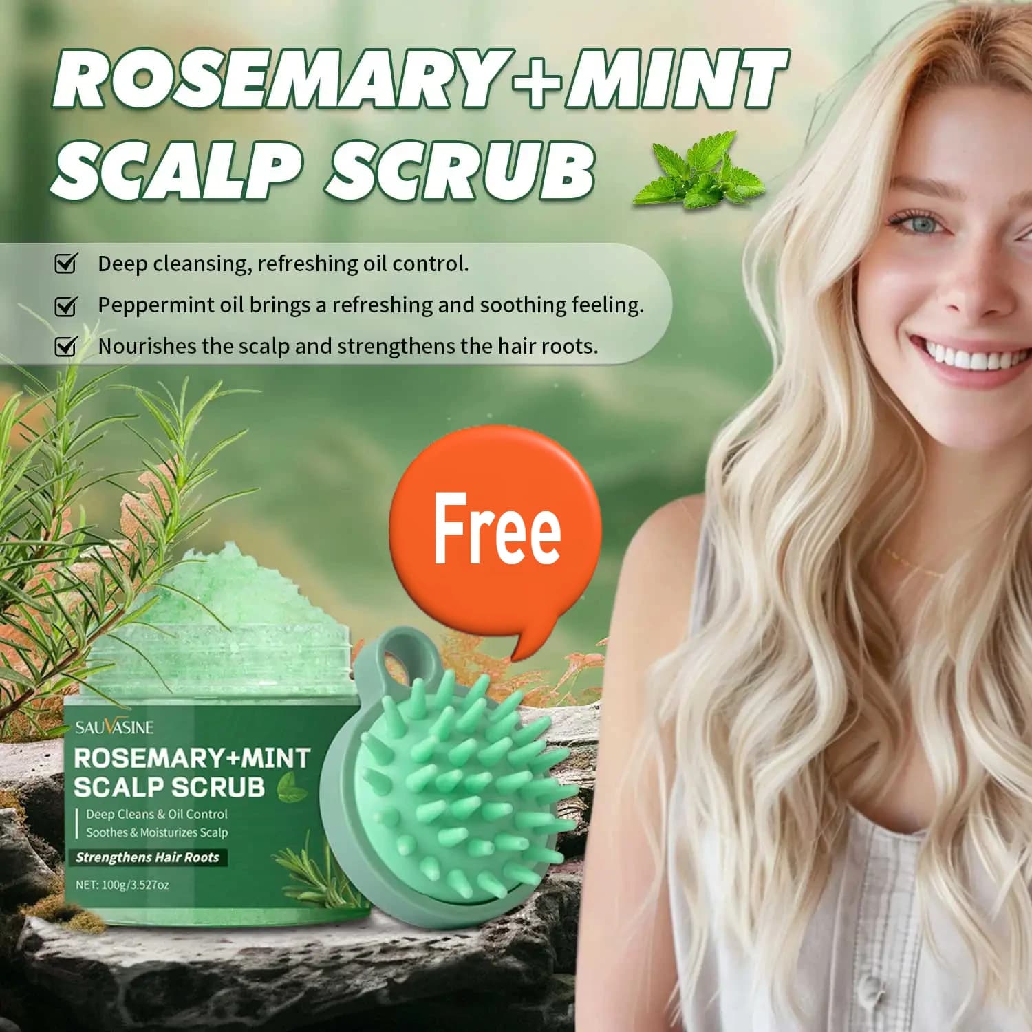 Gommage du cuir chevelu à la menthe au romarin, nettoyage en profondeur, rafraîchissant, contrôle de l'huile, shampoing au romarin pour renforcer les cheveux, nourrissant le cuir chevelu, 100g