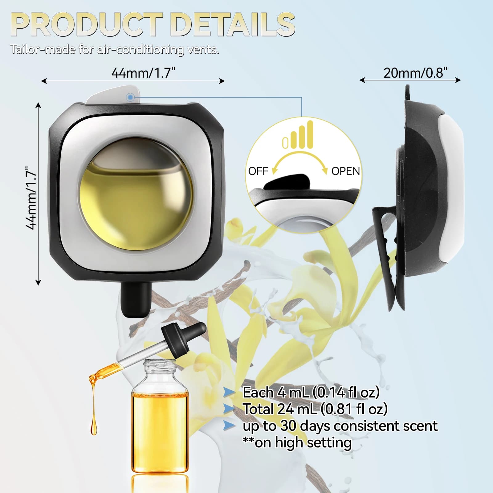 Diffuseur d'huiles essentielles pour climatiseur France Vanilla 12X, clip pour grille d'aération, désodorisant 48ml 1.62 oz 4ml 0.14oz
