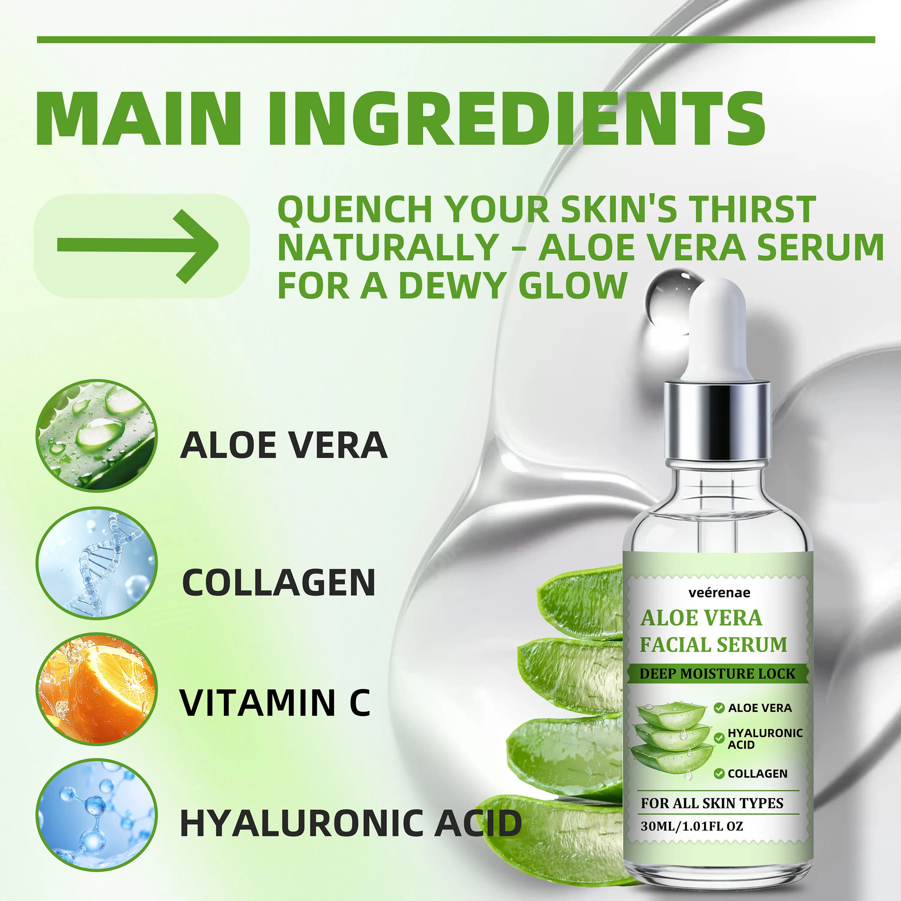 veérenae ALOE VERA FACIAL SERUM - Hydratant et apaisant, sans huile, à absorption rapide et non gras, idéal pour les soins quotidiens de la peau