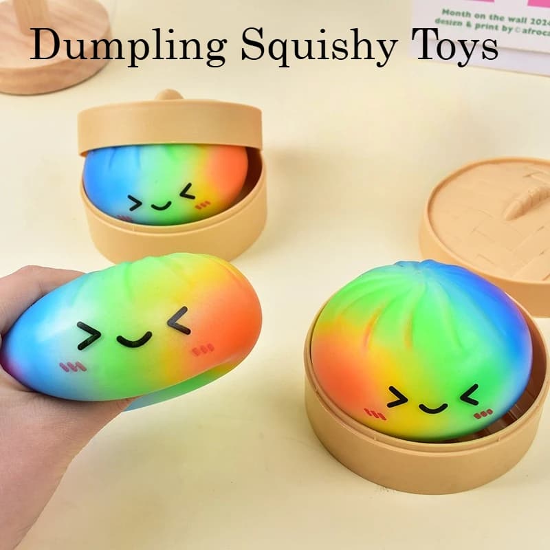 Jouet Squishy en forme de boulette aux couleurs arc-en-ciel avec bambou