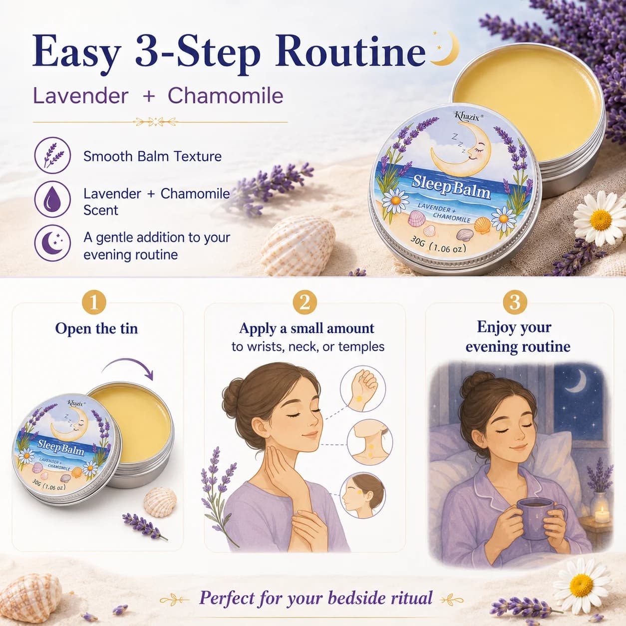 Baume de Nuit Apaisant 30g à la Lavande et à la Camomille – Arôme Calmant, Doux pour la Peau, Format Voyage Idéal pour la Routine du Coucher