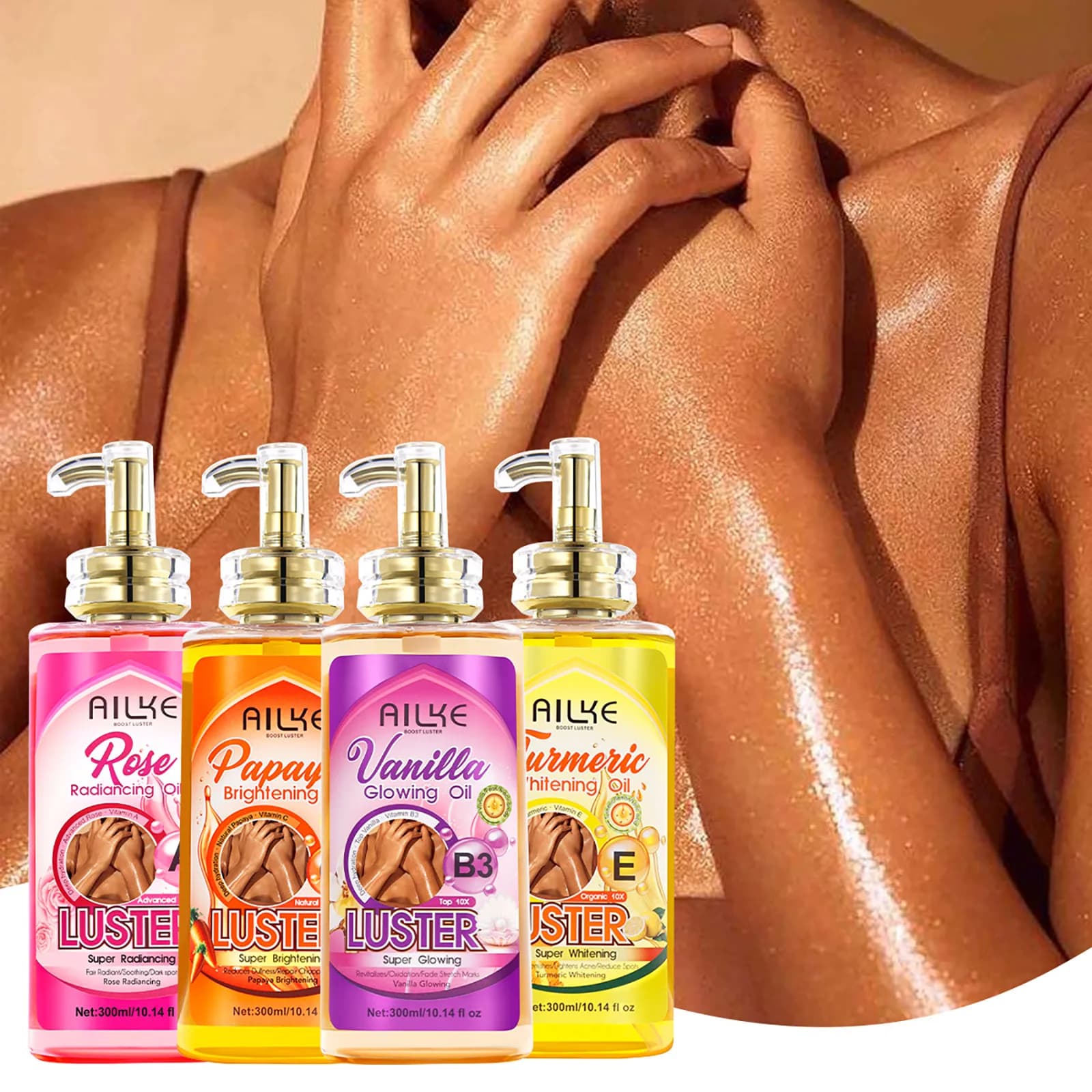 AILKE Huile corporelle blanchissante, hydratante, nourrissante, éclaircissante, peau lisse, réduit les taches foncées, pour tous les types de peau, 300 ml