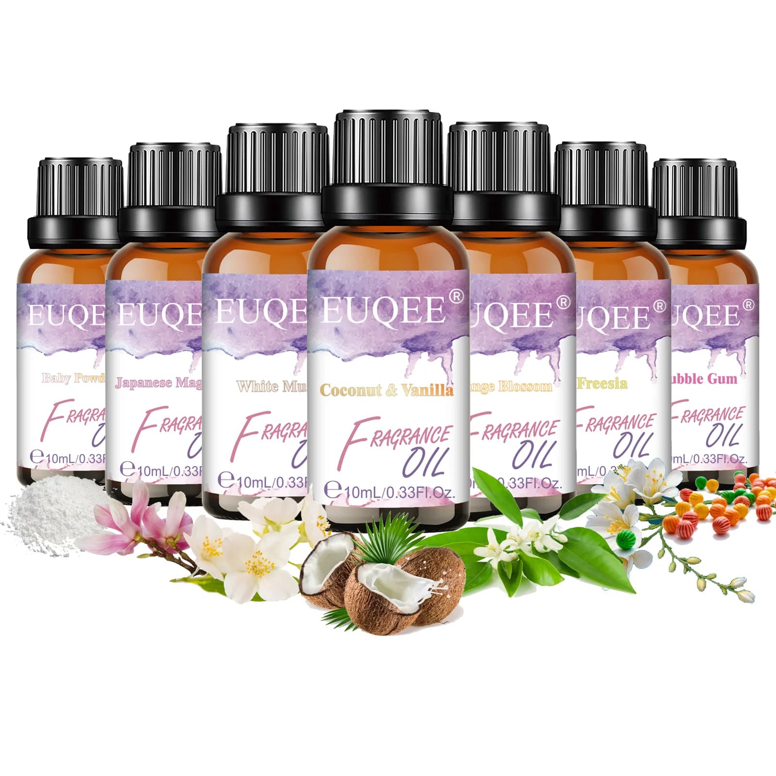 Huile parfumée d'aromathérapie EUQEE 10ml pour diffuseur - Poudre pour bébé, noix de coco et vanille, chewing-gum, musc blanc, fleur d'oranger