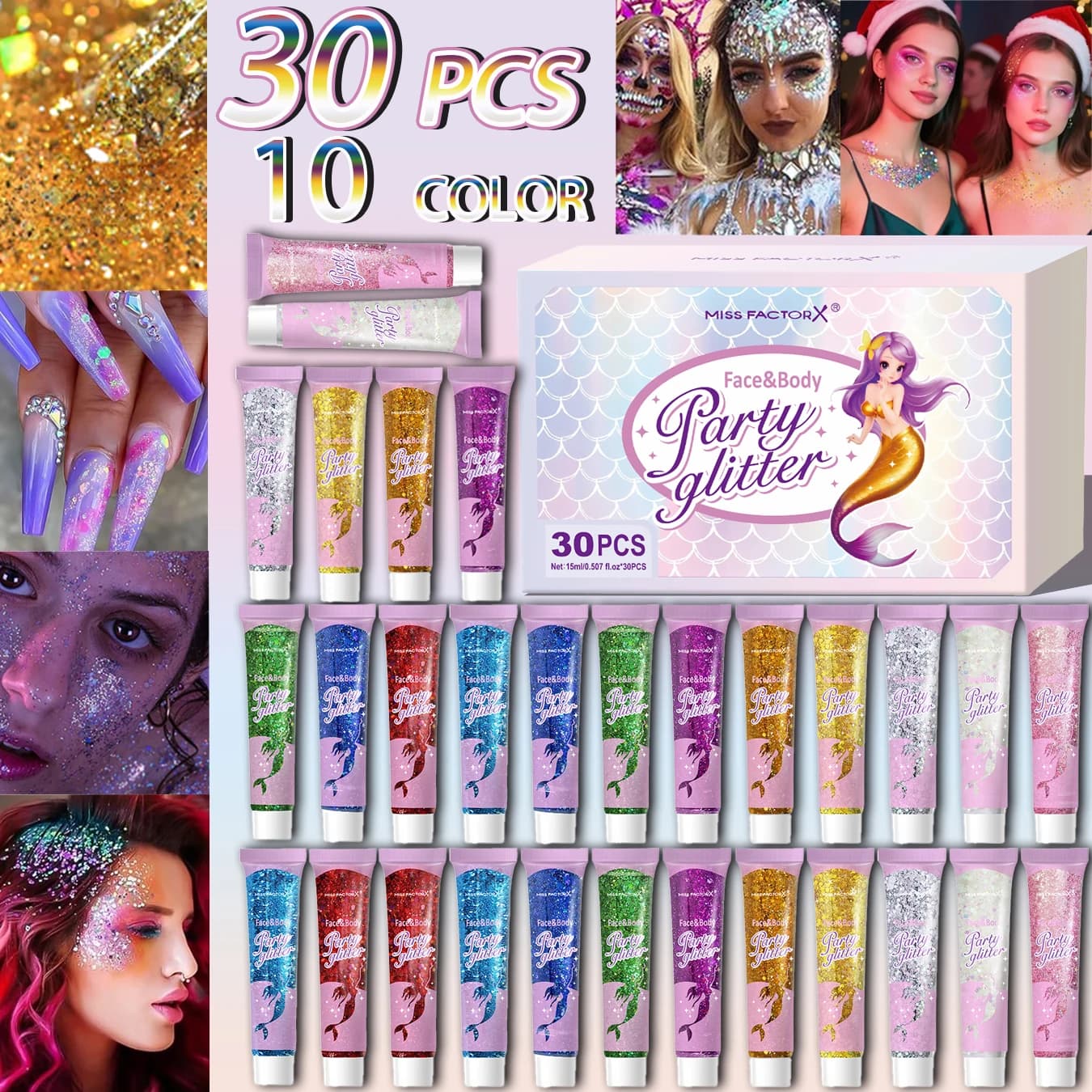30 pièces/boîte Gel pailleté pour le corps du visage, adapté aux femmes, cheveux grossiers brillants, adapté aux accessoires de carnaval de festival de concert