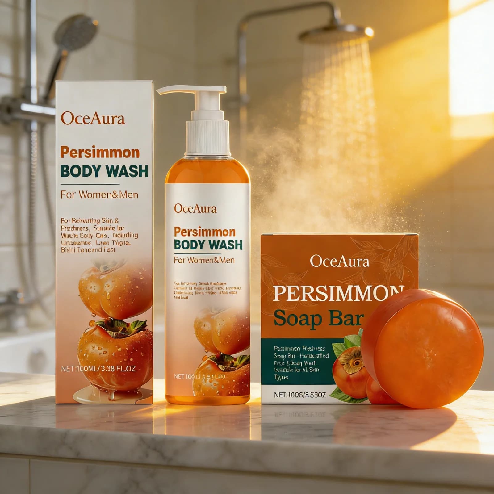 Ensemble de gel douche OceAura Persimmon, mousse riche, adoucit la peau, nettoyage en profondeur, parfum longue durée, extraits de fruits naturels, savon en barre