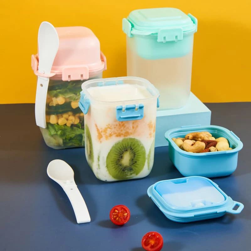 Récipient d'avoine de nuit Double couche 580ml, tasse de yaourt pour petit déjeuner, céréales, noix, avec cuillère, boîte à Bento Portable pour salade de fruits
