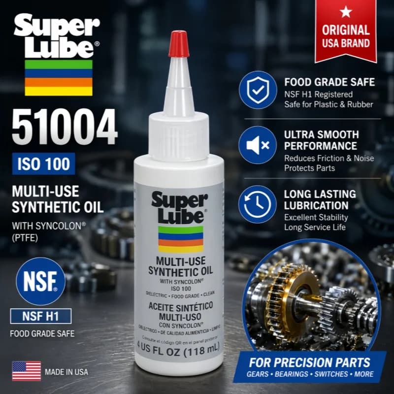 Super Lube 51004 Huile Synthétique ISO 100 NSF H1 Lubrifiant de Qualité Alimentaire pour Interrupteurs de Clavier, Engrenages, Roulements, Plastique – Sûr 20ml 50ml