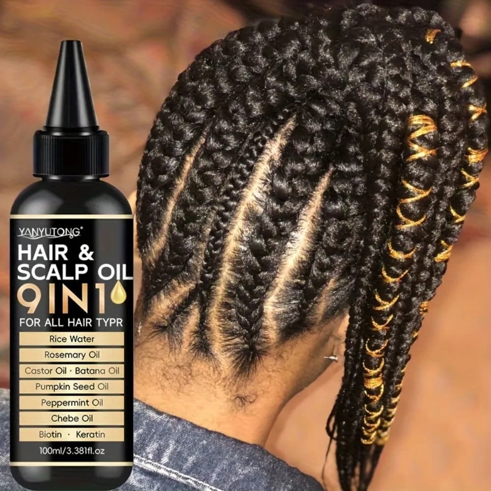 Huile capillaire 9 en 1 qui répare les racines des cheveux, nourrit et renforce les mèches, améliore les frisottis et les feuilles des cheveux doux et brillants.