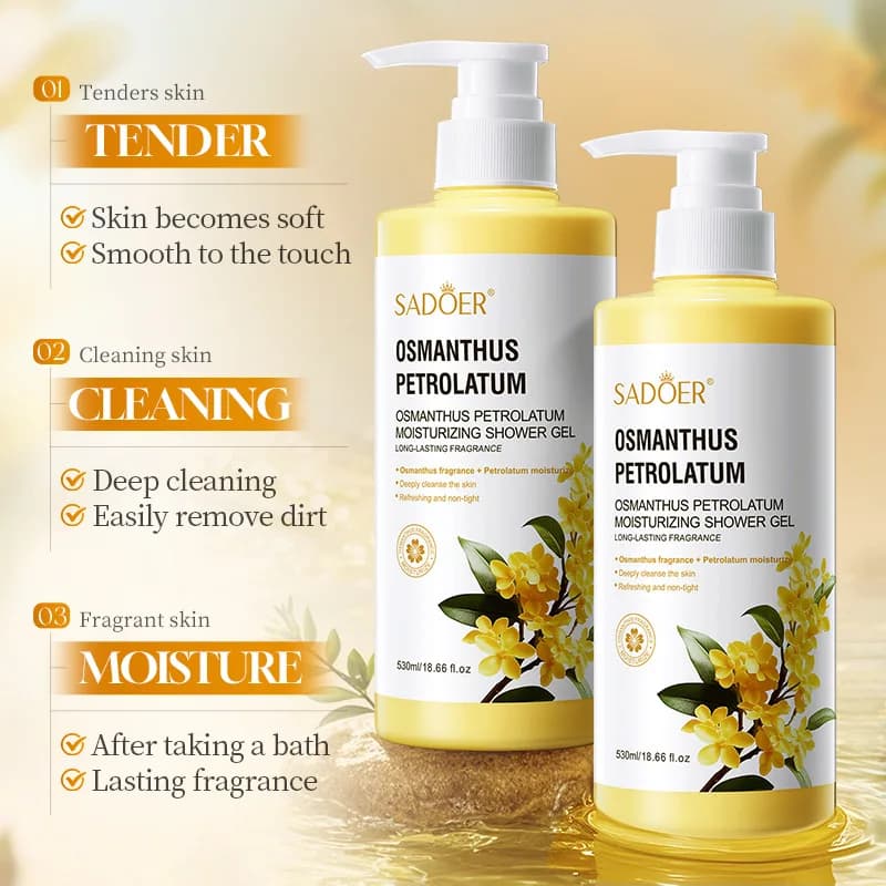 Gel douche hydratant à l'osmanthus 530 ml, gel douche hydratant et rafraîchissant à l'aloe vera avec un parfum longue durée