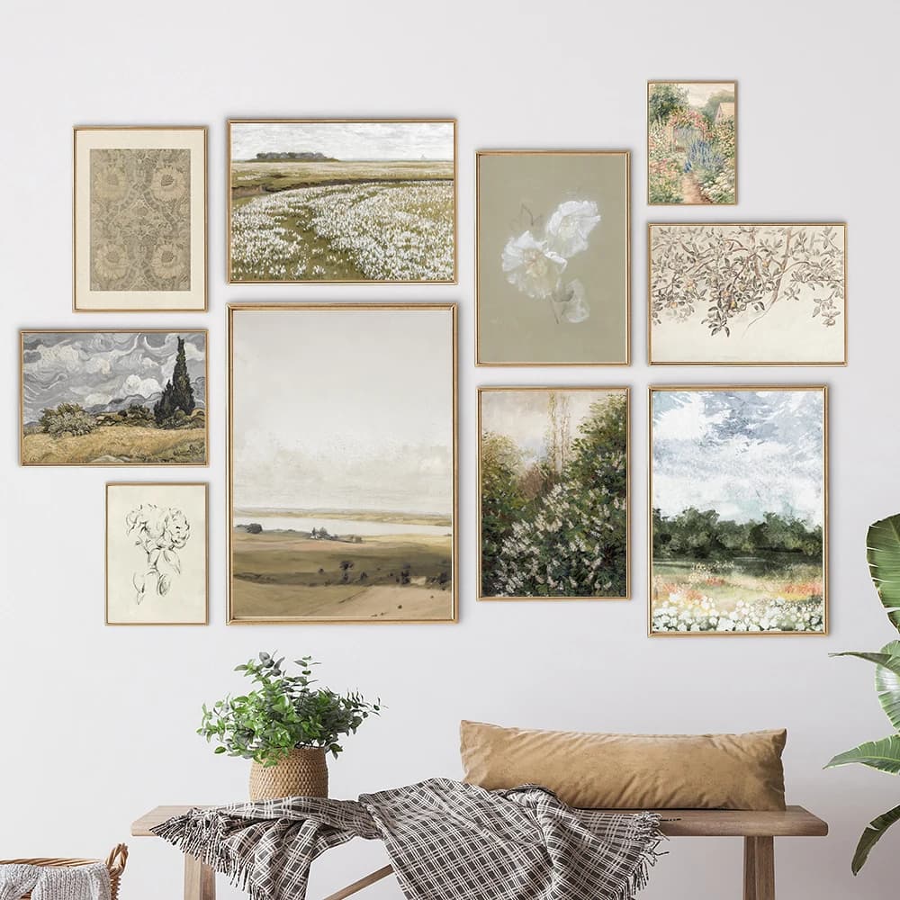 Affiche sur toile de peinture à l'huile vintage Paysage d'été, Impression d'art mural neutre pour galerie, thème printemps, Tons verts rétro, Décoration murale style ferme