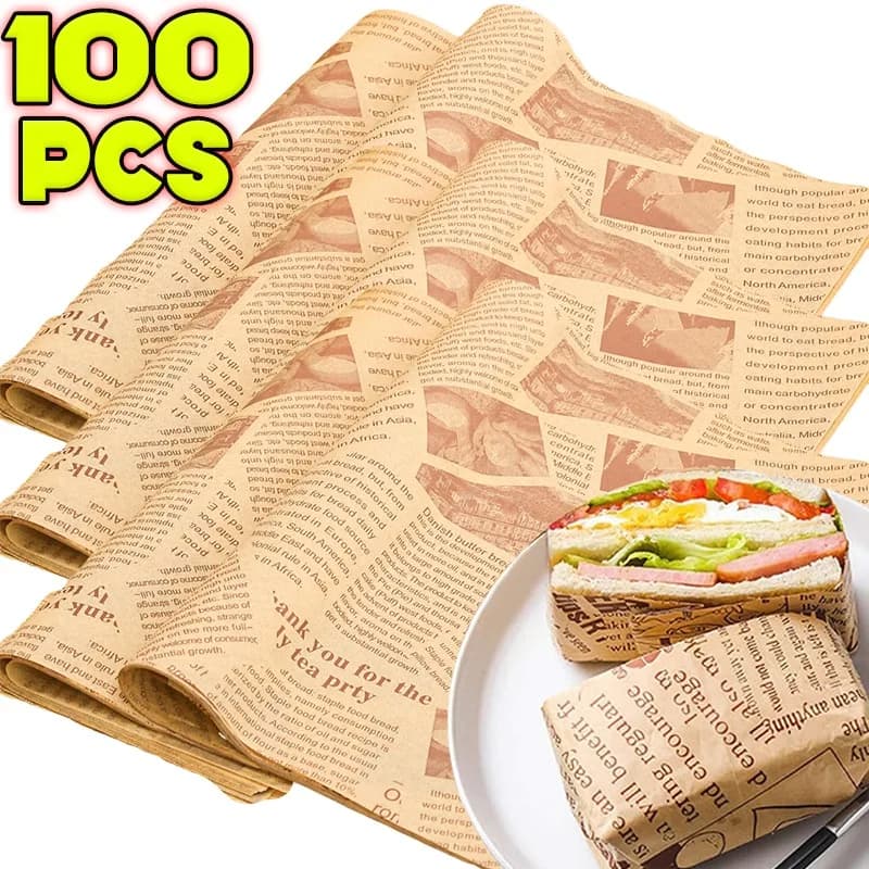 Feuille de papier résistante à l'huile, 50/100 pièces, papier d'emballage pour Sandwich alimentaire, Style journal, papier Deli résistant à la graisse pour emballer le pain aux hamburgers