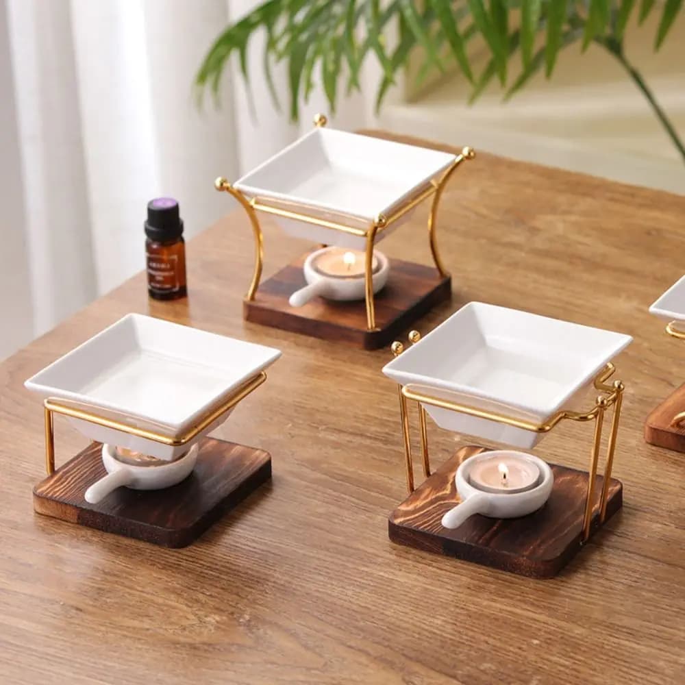Brûleur d'huiles essentielles et chauffe-cire en métal et céramique avec base en bois pratique pour usage domestique