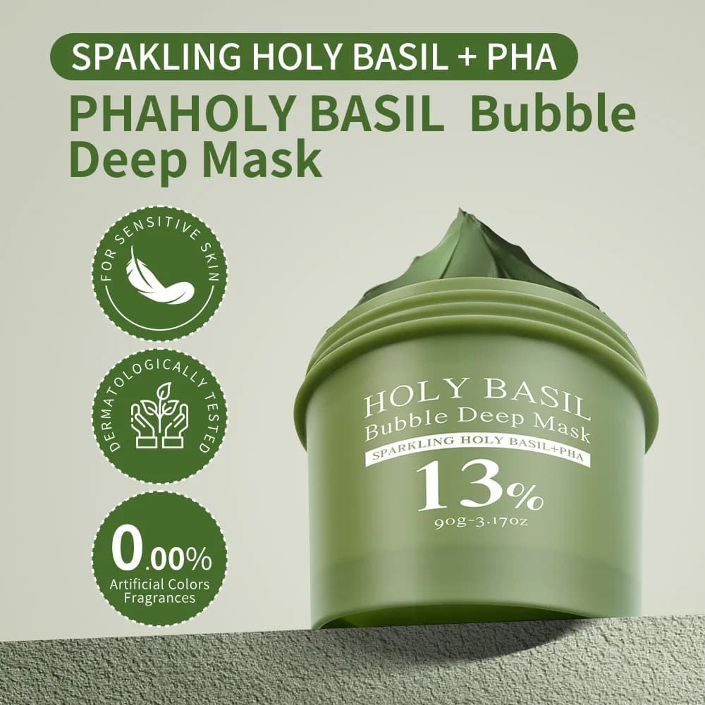 Masque Nettoyant Moussant au Basilic Sacré 90g – Hydratant, Contrôle du Sébum, Élimination des Points Noirs, Soin Nettoyant pour la Peau