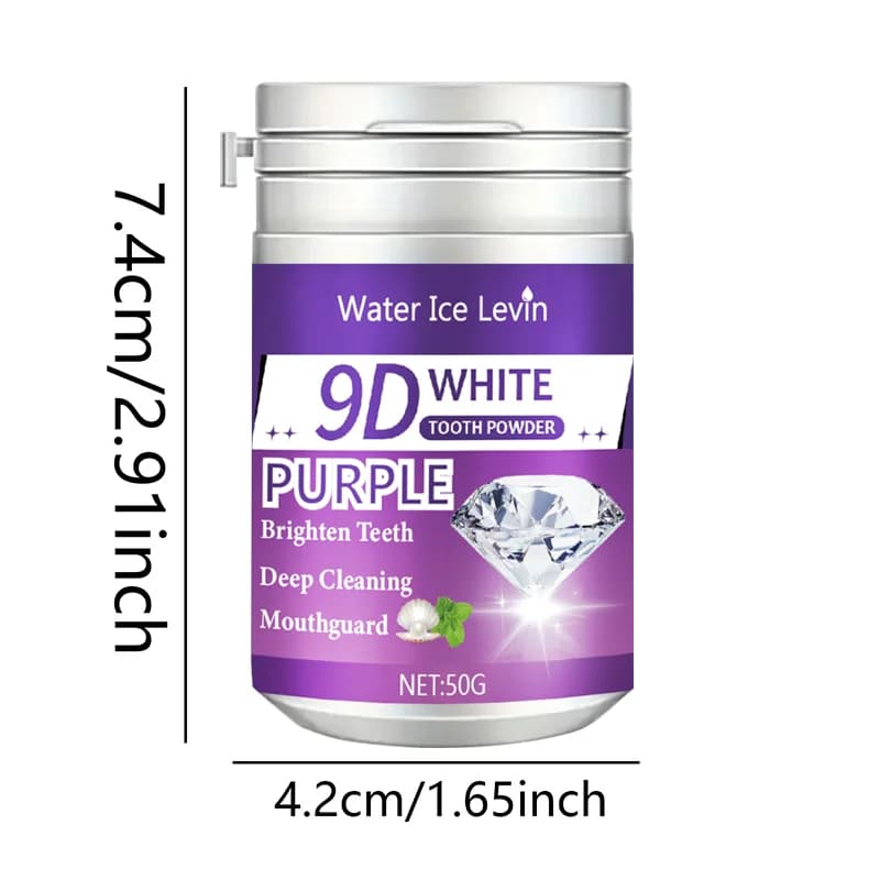 Poudre de dent blanche 9D. Formule éclaircissante violette. Appliquer le pinceau 2-3 minutes au quotidien. Whitens nettoie les dents. Souffle frais.