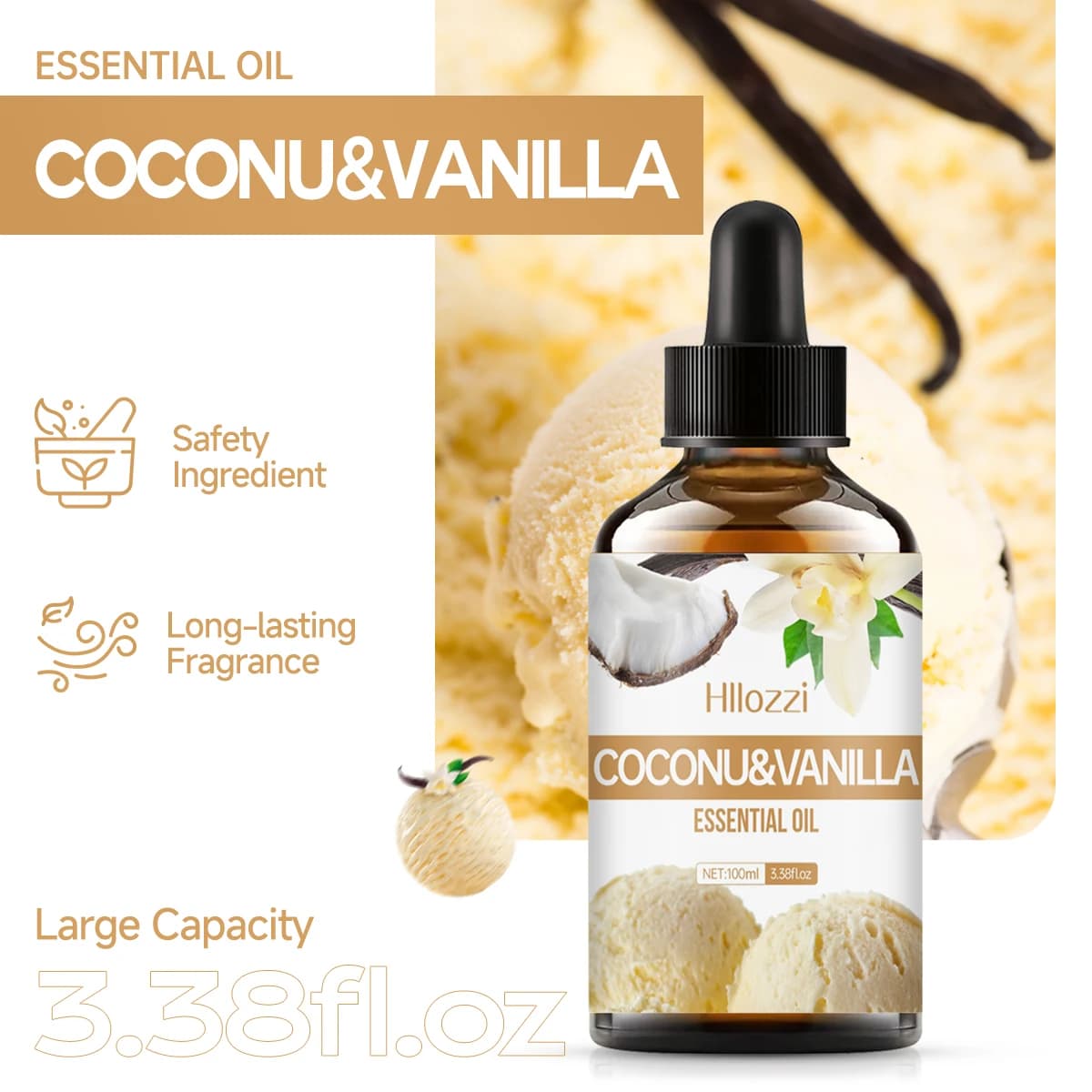 L'huile essentielle de noix de coco et de vanille est utilisée pour les soins de la peau, le massage, le bain et convient à tous les types de peau.