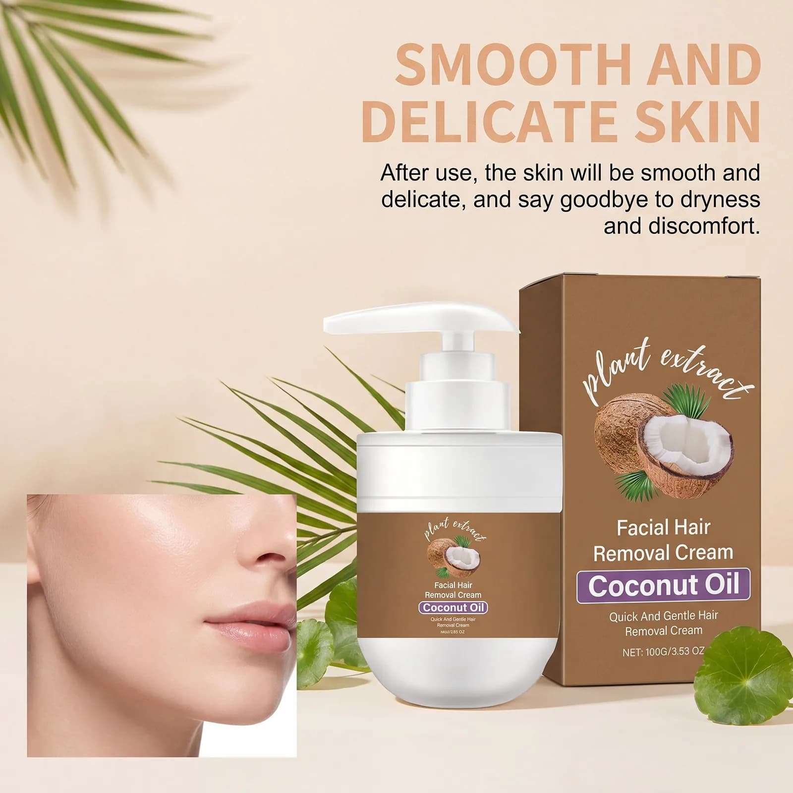 Crème dépilatoire à l'huile de coco pour le visage, épilation rapide, sans douleur, nourrissante, peau lisse, formule douce, non grasse, pour peaux sèches, 100g