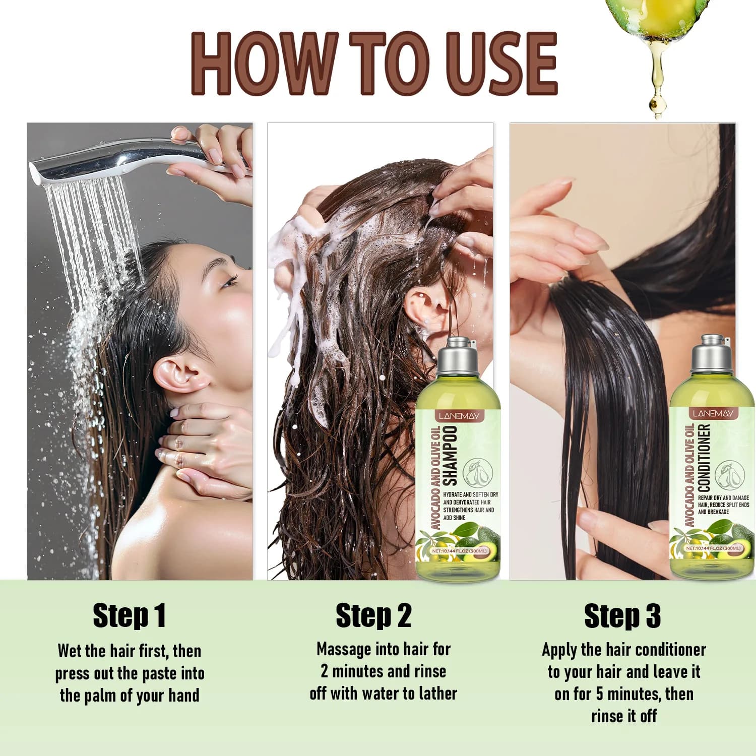 Ensemble shampoing et après-shampoing à l'avocat et à l'huile d'olive – 300 ml + 300 ml. Spécialement conçu pour les cheveux secs et abîmés, ce duo nourrissant h