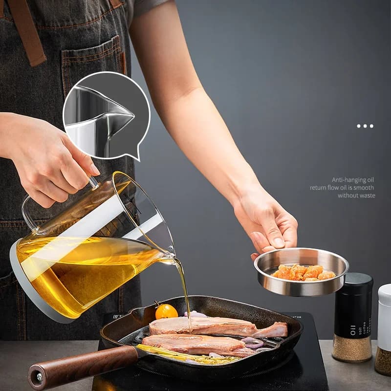 Pot à huile en verre transparent 1L/1.5L avec échelle graduée, séparateur et réservoir de stockage d'huile de cuisine avec filtre à mailles fines, récipient à graisse