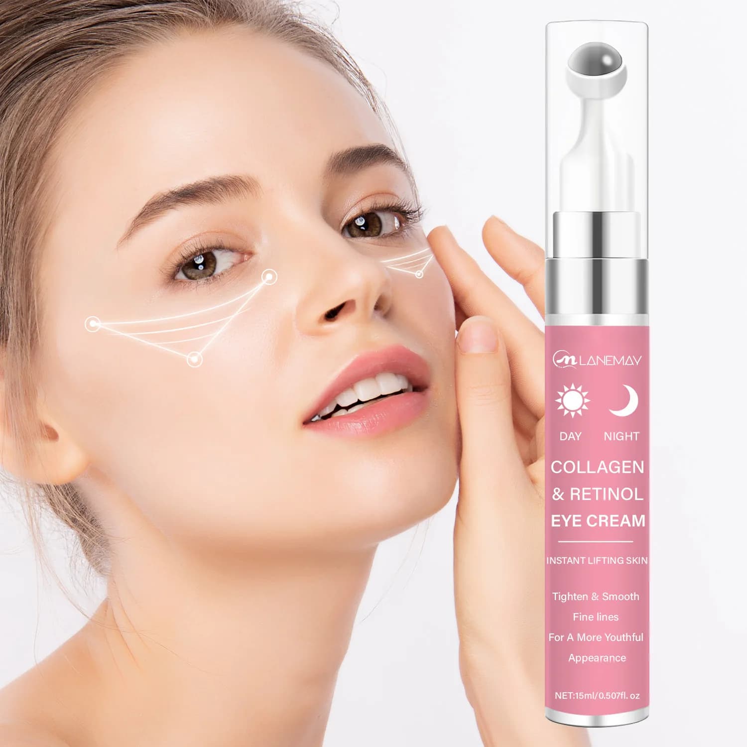 Crème pour les yeux de jour et de nuit roll-on au collagène rétinol pour anti-cercles foncées, poches pour les yeux et raffermissant la peau autour des yeux 15 ml
