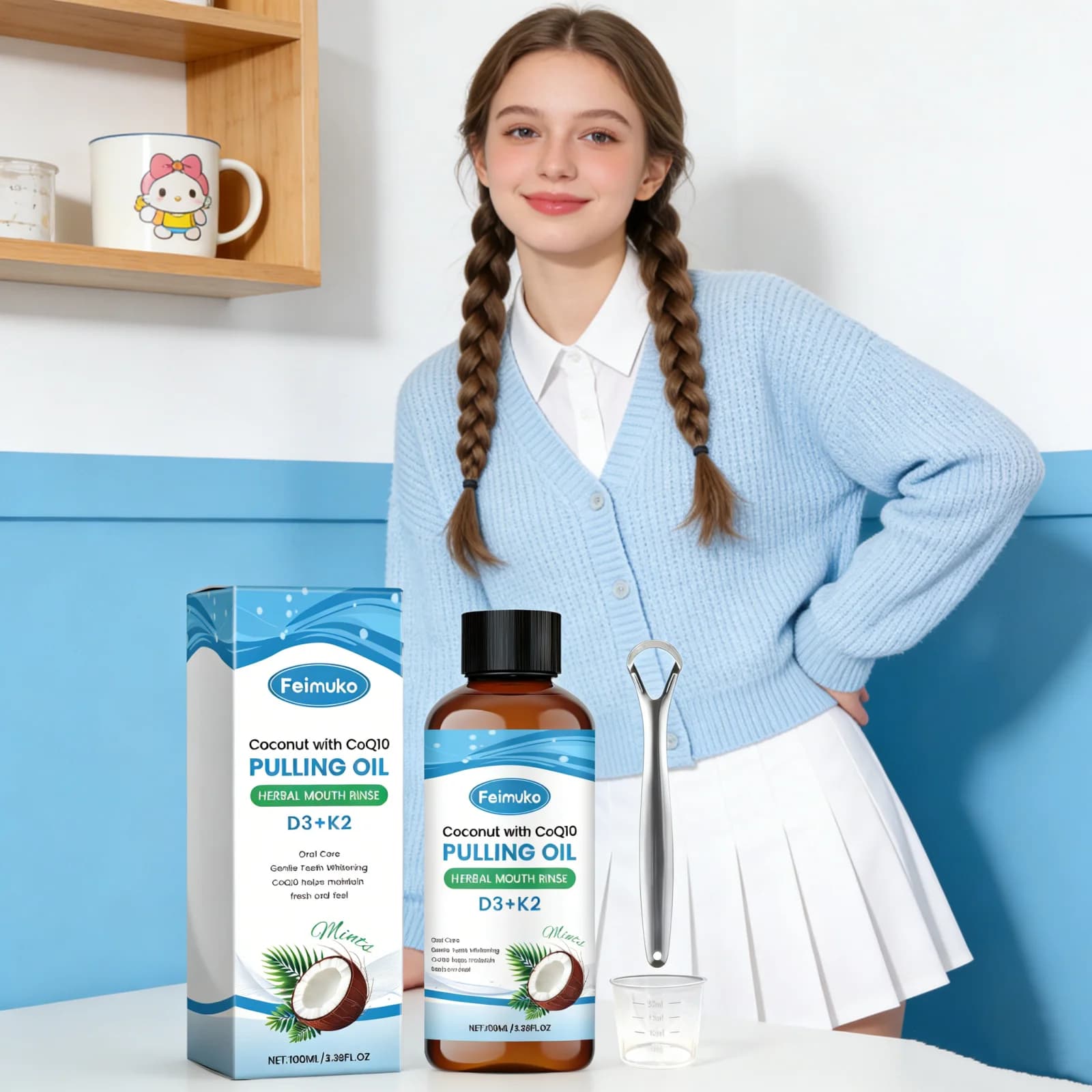 Kit de Bain de Bouche à l'Huile de Coco avec Grattoir à Langue