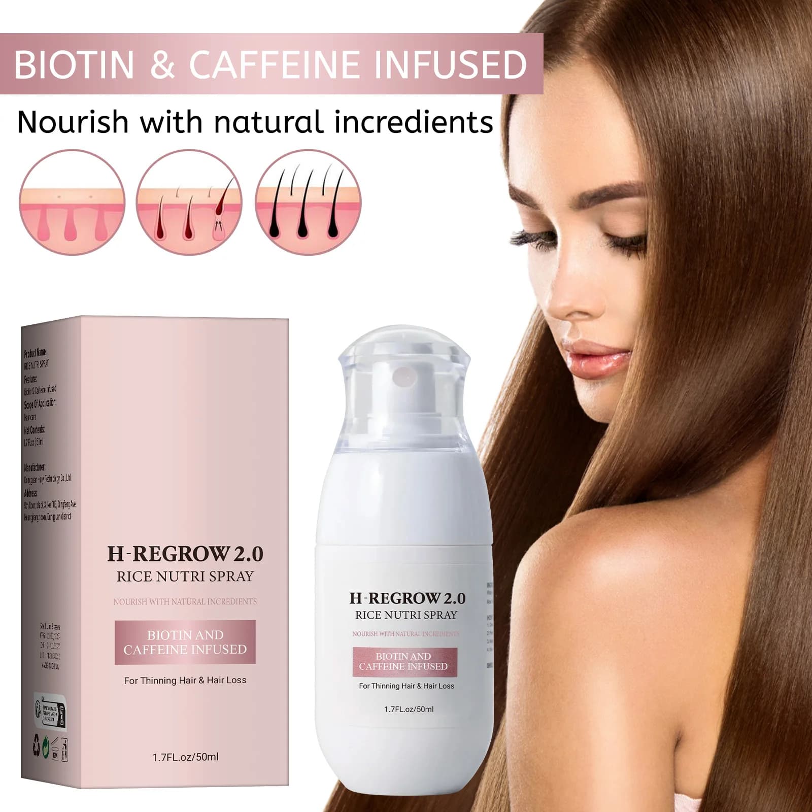 Eau de riz fermentée pour la croissance des cheveux, huile essentielle pour la repousse des cheveux, traitement du cuir chevelu, sérum anti-chute, spray densifiant pour cheveux à base de plantes