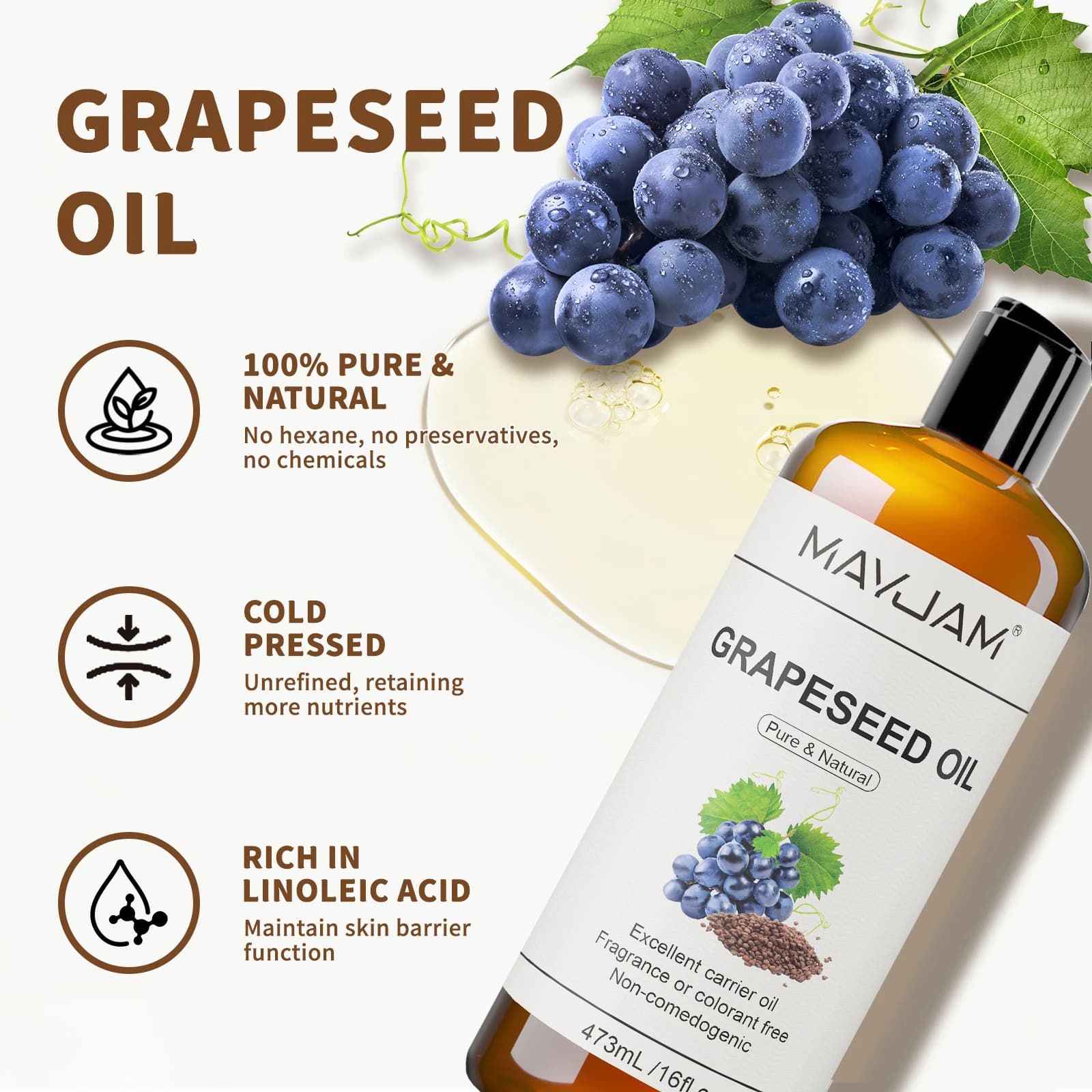 MAYJAM 473 ml/16 fl.oz huile de transport naturelle Pure pour le corps Massage du visage ricin légumes glycérine grapeseed Jojoba huile de noix de coco