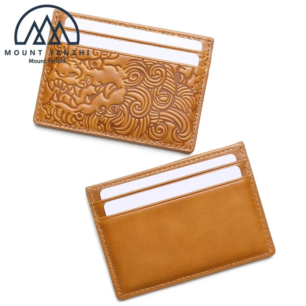 Porte-cartes ultra-fin en cuir véritable pour homme, style rétro, en cuir huilé et ciré, gaufré, étui à cartes monobloc, logo imprimable