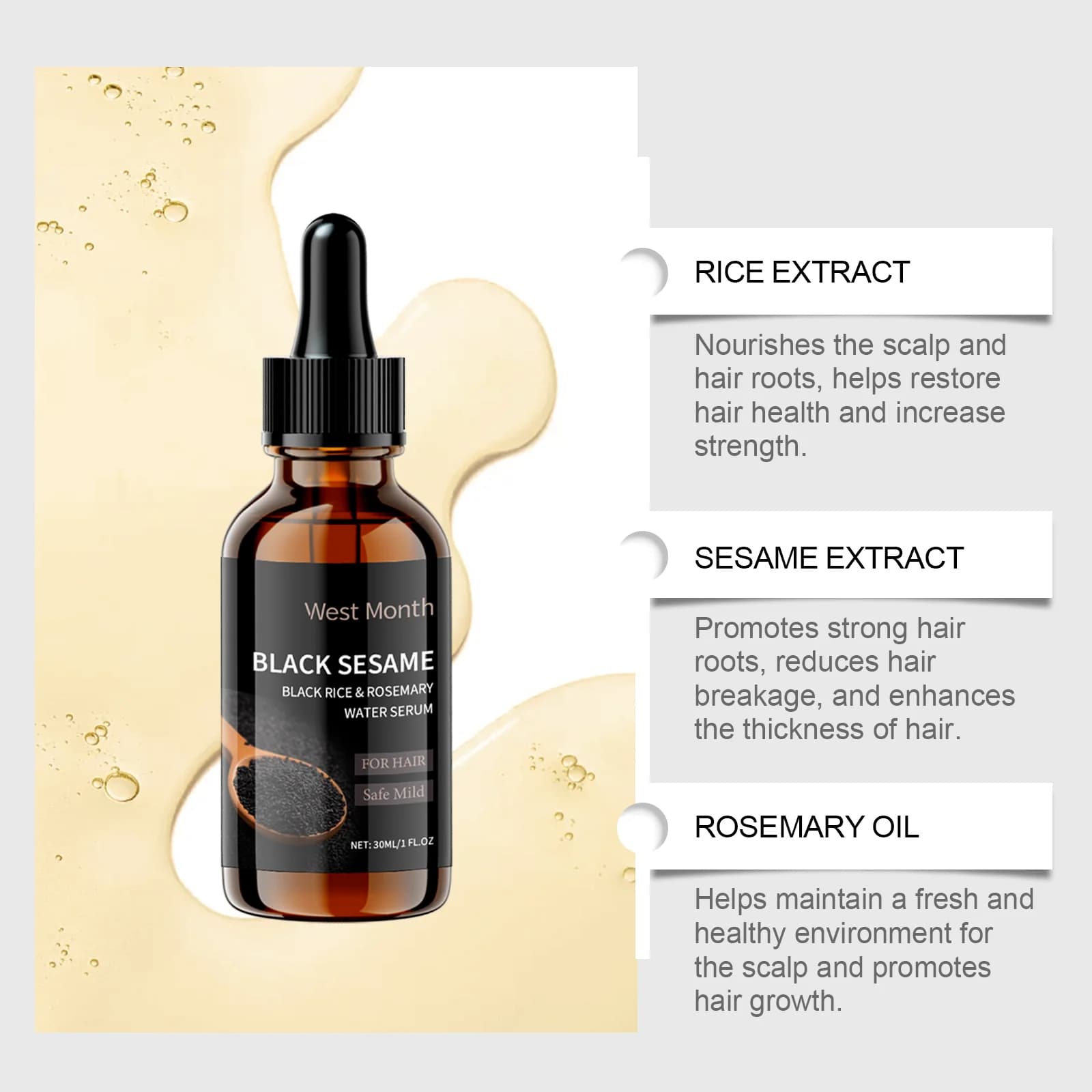 Sérum de soin au sésame noir pour cheveux gris, essence anti-cheveux blancs, améliore la couleur des cheveux, soin capillaire quotidien, 30ML