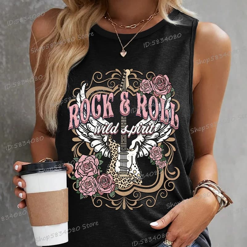 Rock Roll Wild T-shirts Style Vintage Rose guitare chemise nouvelle mode d'été col rond t-shirt mélomane femmes sans manches débardeurs hauts