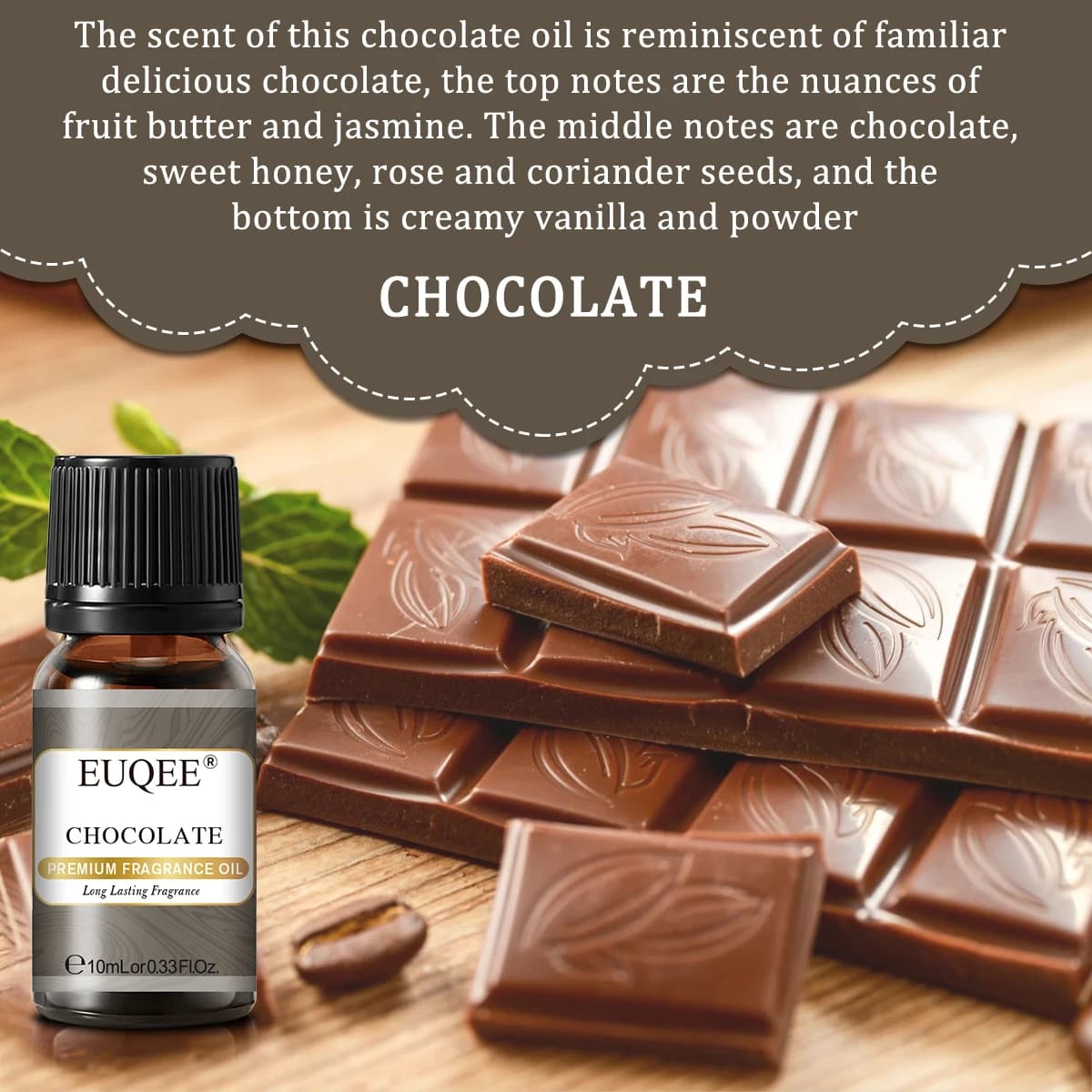 EUQEE 10ML huile d'aromathérapie pour humidificateur diffuseur chocolat noix de coco vanille gomme à bulles brise de mer guimauve huile de parfum