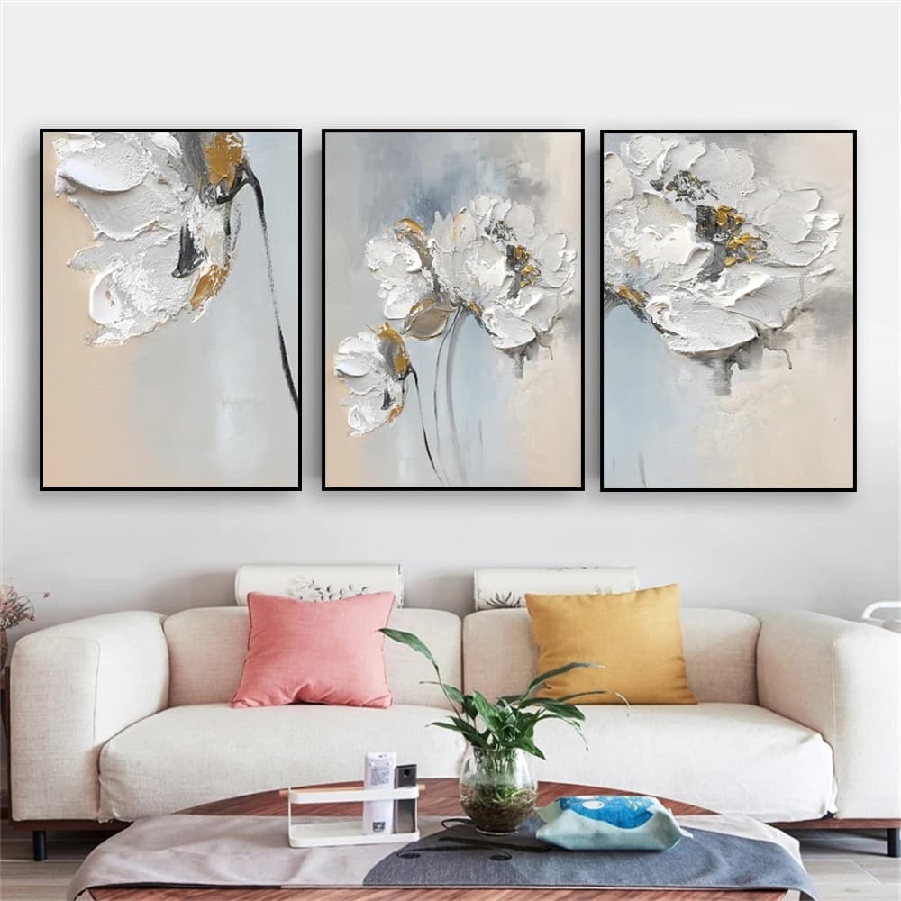 Affiche de peinture à l'huile de fleurs blanches abstraites, art mural texturé floral moderne, impressions de peinture sur toile, décoration de salon à la maison
