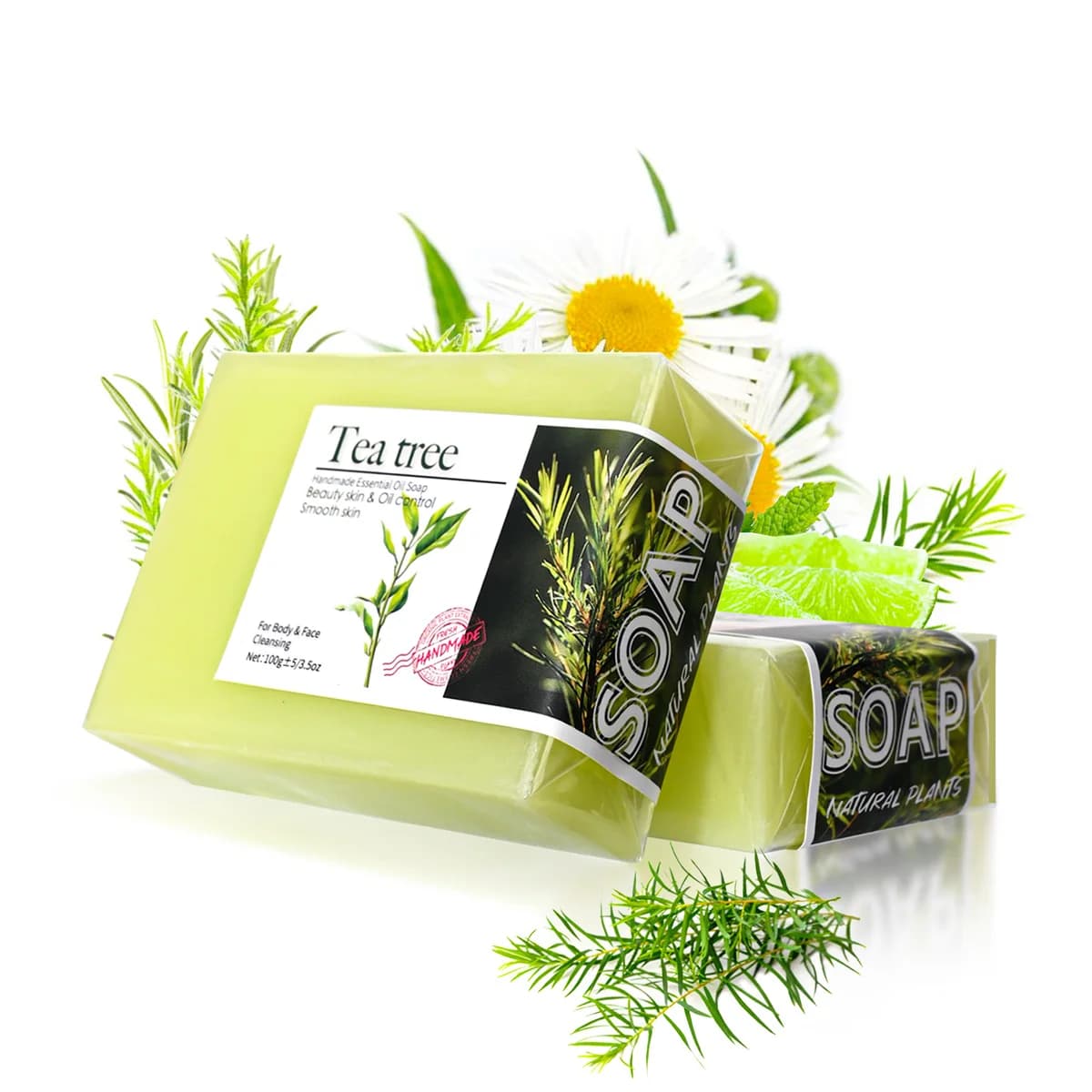 Savon à l'huile essentielle d'arbre à thé, 100g, fait à la main, huile d'olive, huiles essentielles végétales, blanchiment, nettoyage de base, caractéristiques sans produits chimiques