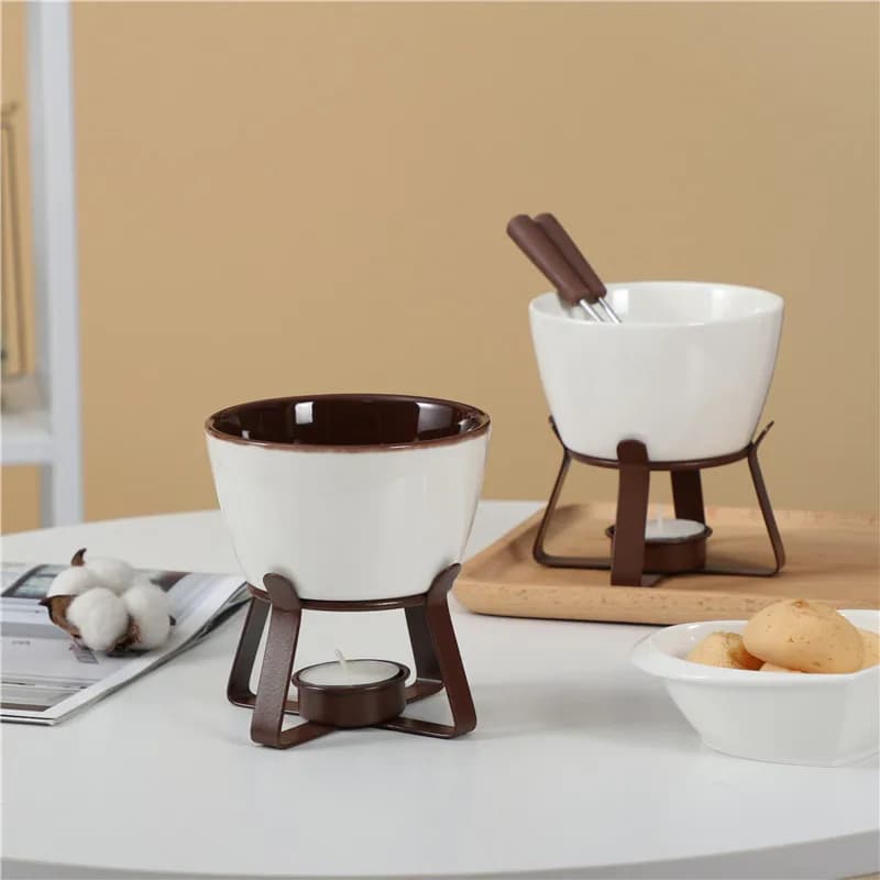 Ensemble de fondue au chocolat avec fourchettes - Pot à fondue en céramique pour chocolat, fromage, beurre, avec chauffe-plat pour fêtes et réunions