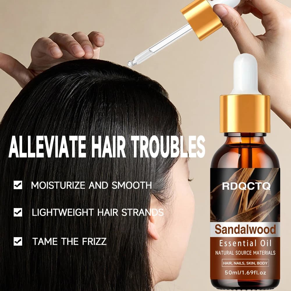 RDQCTQ Huile essentielle de bois de santal : huile naturelle biologique pour cheveux, ongles, peau, corps, sérum hydratant pur pour soins d'aromathérapie