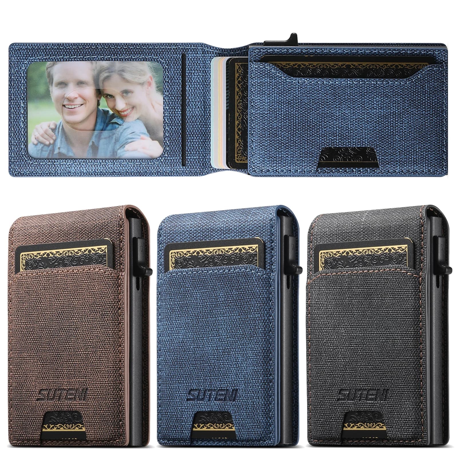 Porte-cartes en cuir PU de haute qualité, porte-cartes push-out, grande capacité, peut contenir 1-12 cartes, 1 Photo noir/marron/bleu