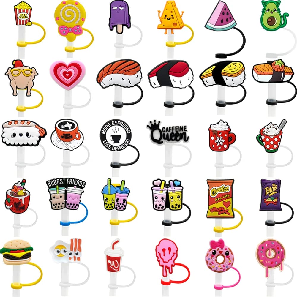 1-30 pièces 8MM fromage Sushi paille couvre capuchon, mignon Snack Silicone paille Topper tasse accessoires, Hamburger café paille couvre